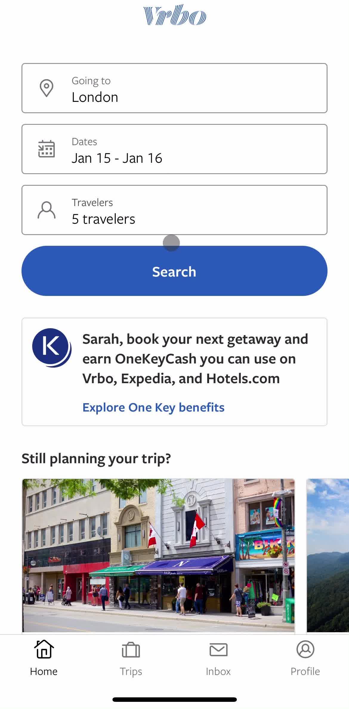 Vrbo Home screen in the Sharing A Listing flow