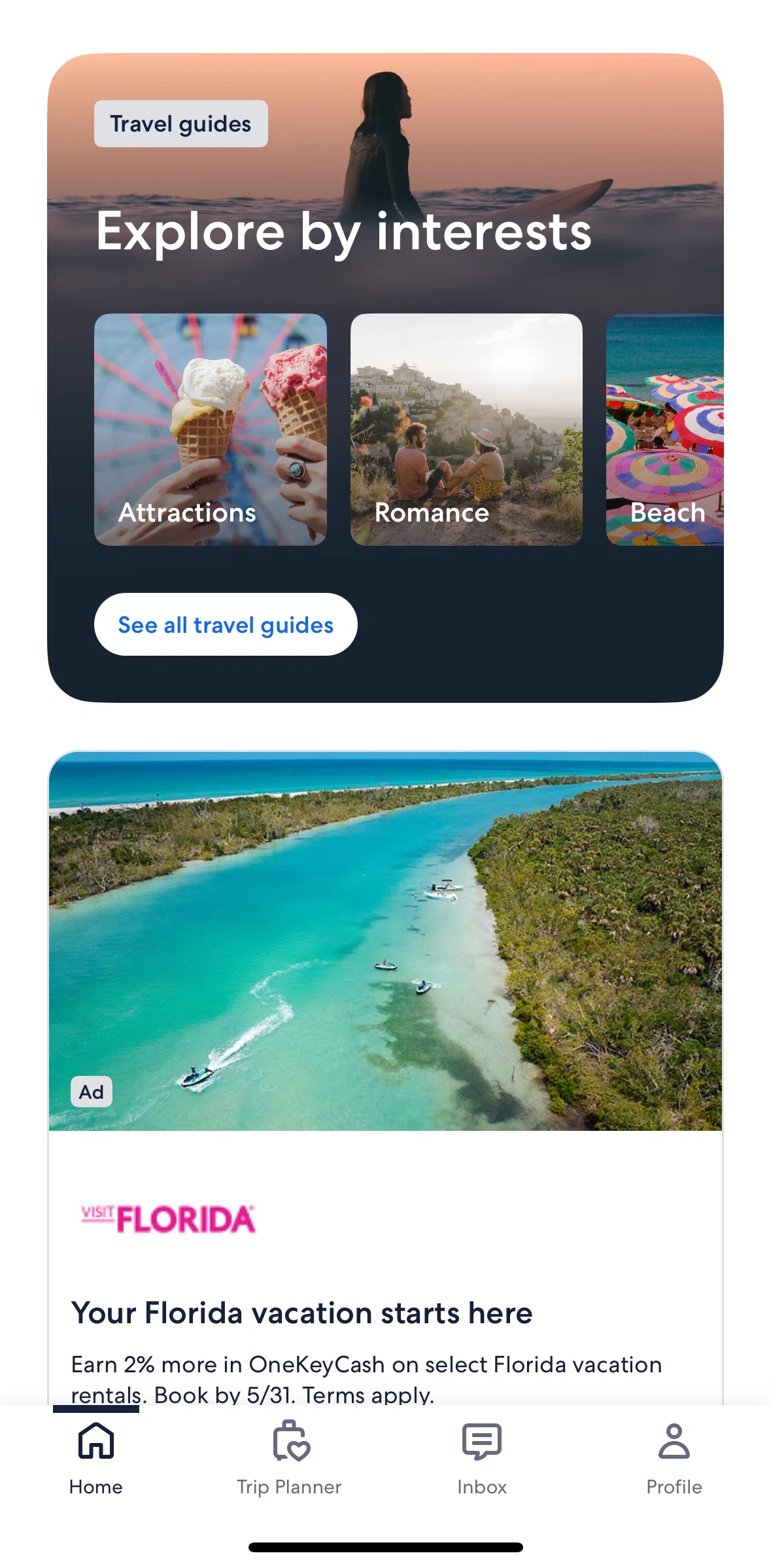 Vrbo Screen screen in the Travel guides flow