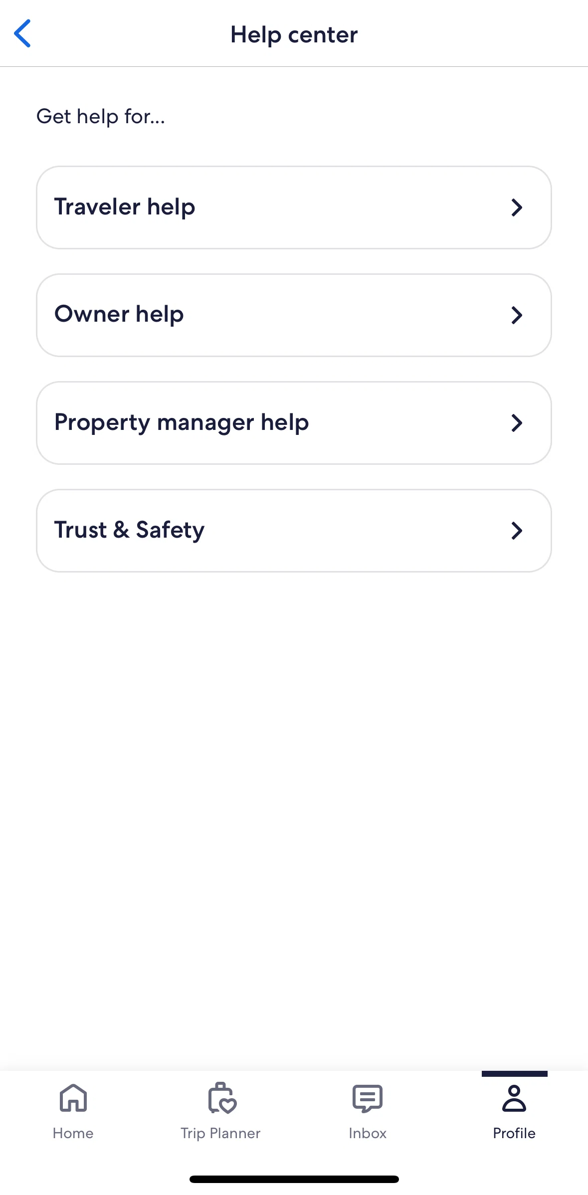 Vrbo Screen screen in the Traveler help flow
