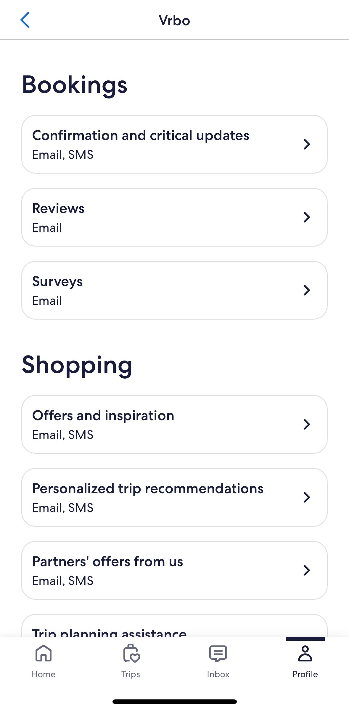 Vrbo Screen screen in the Updating notification settings flow