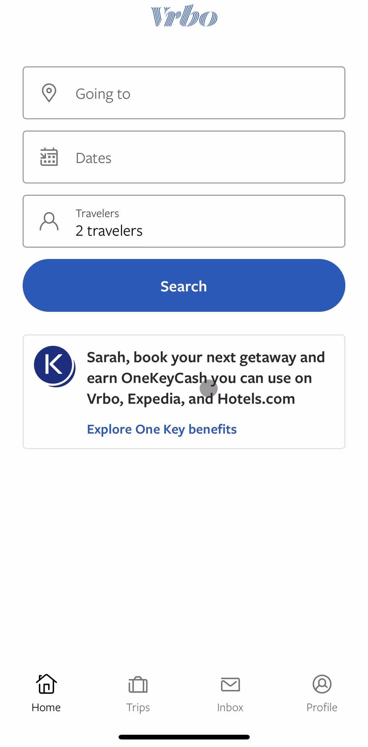 Vrbo Home screen in the Updating Your Profile flow