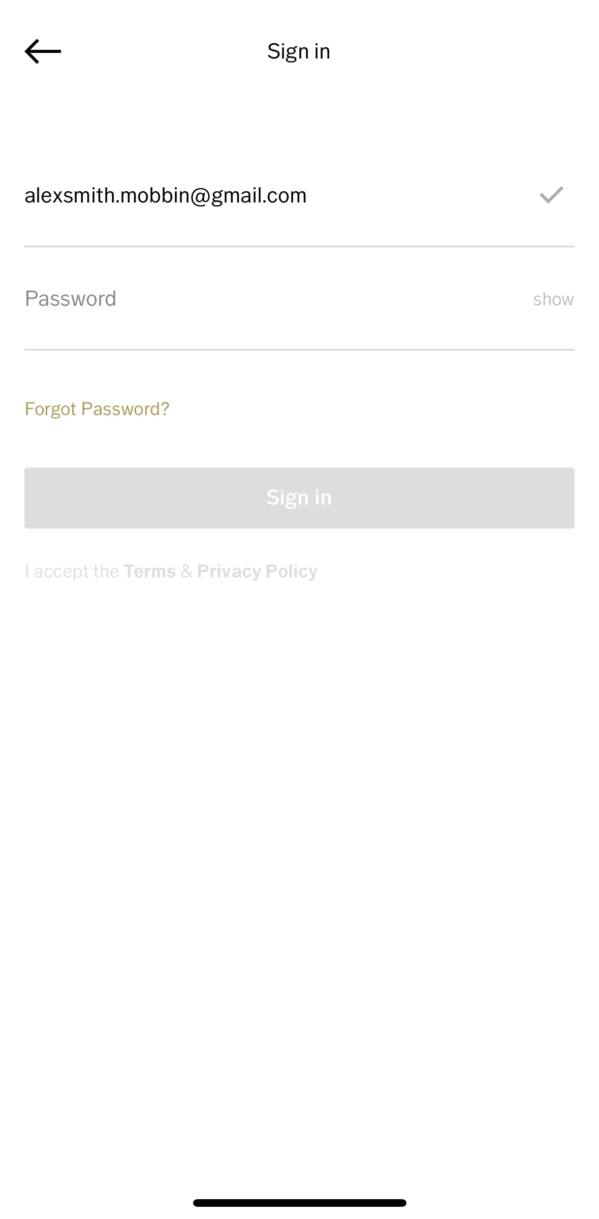 Vsco Screen screen in the Resetting password flow