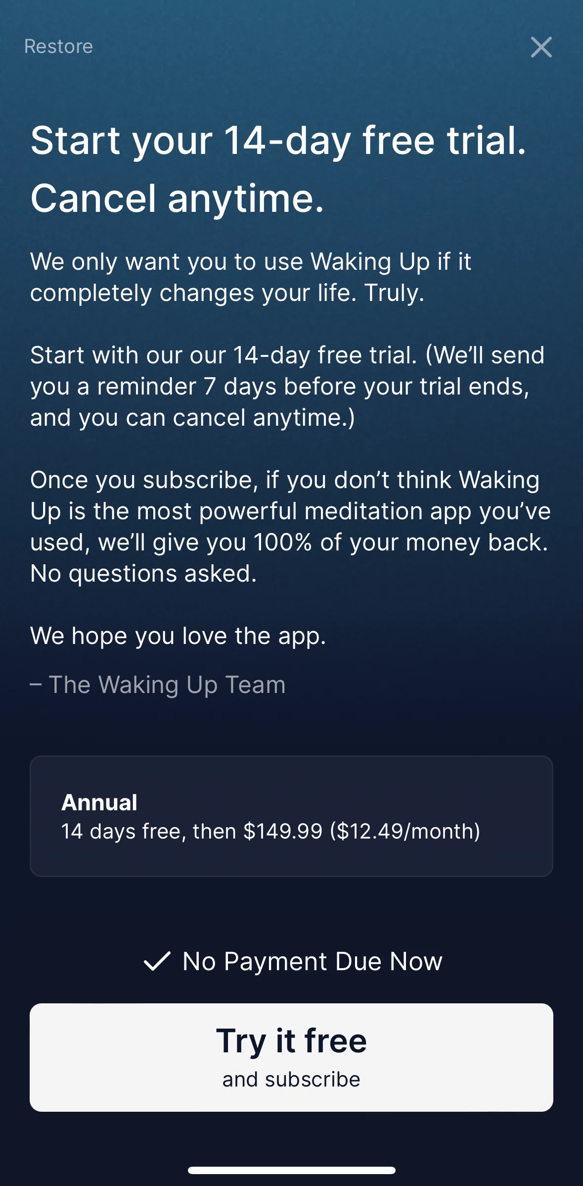 Waking Up Screen screen in the Subscribing to Waking Up flow