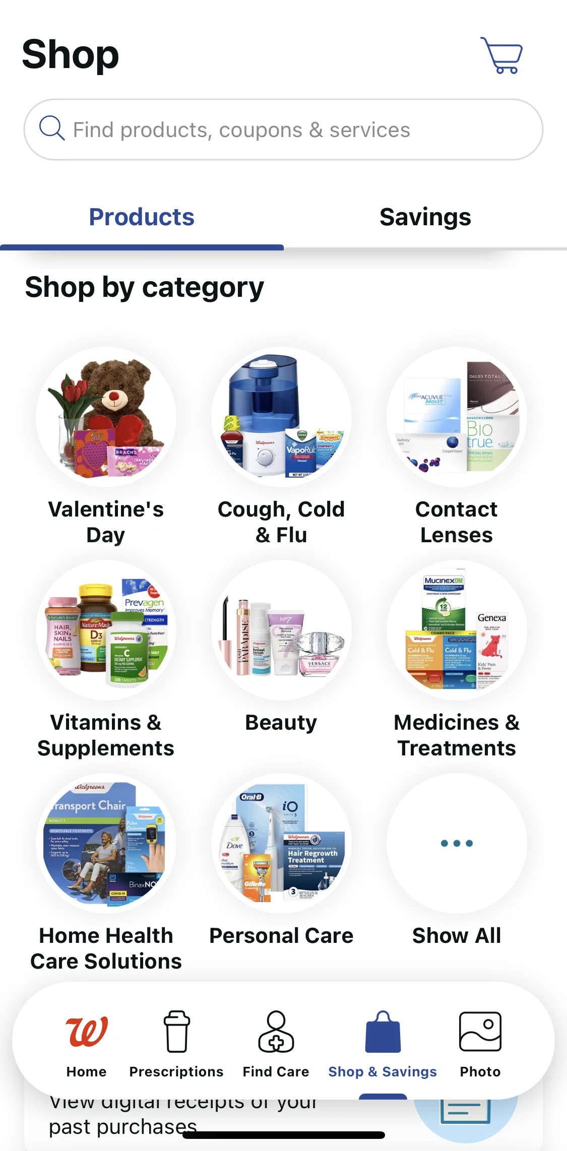 Walgreens Screen screen in the Categories flow