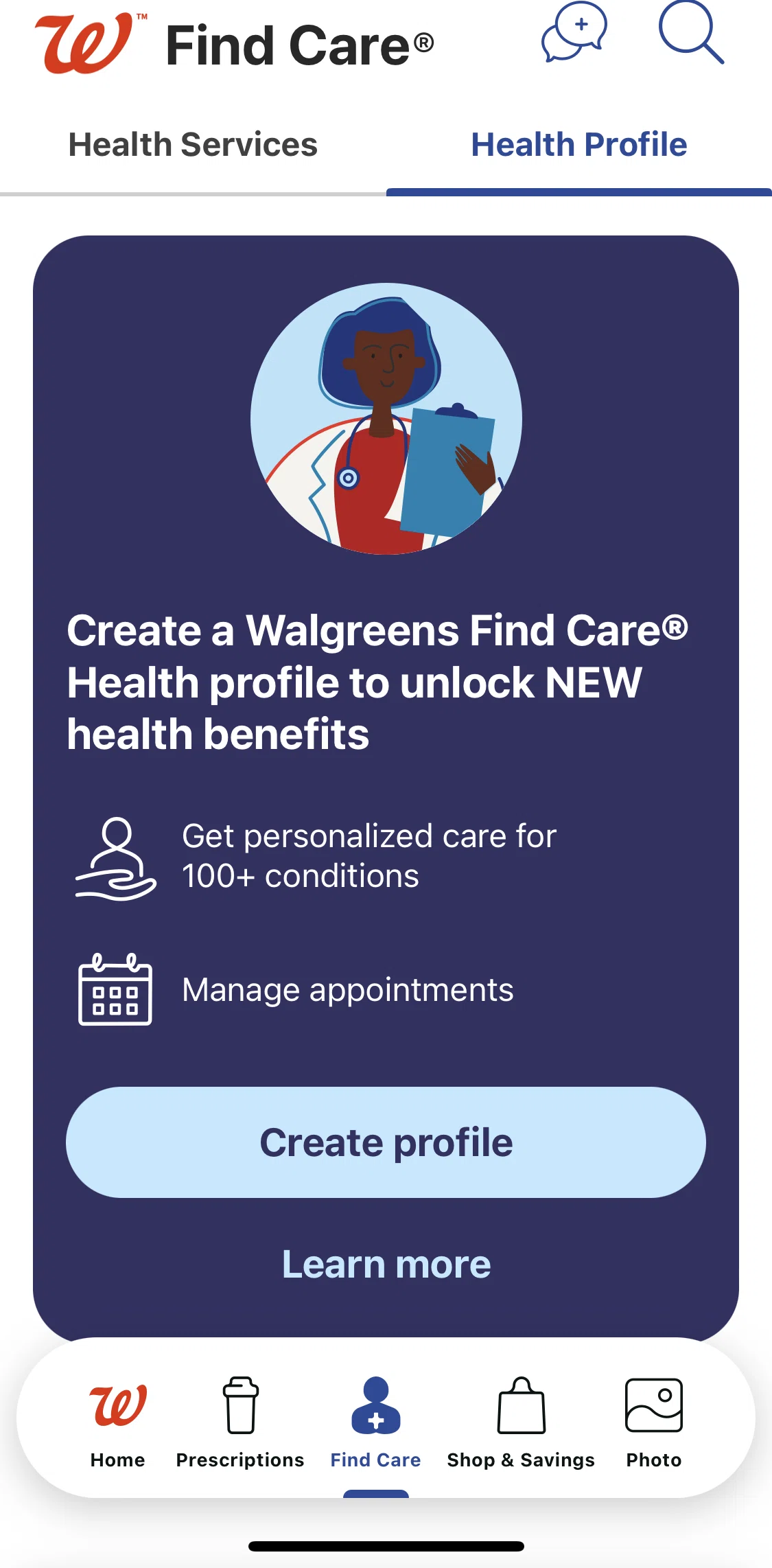 Walgreens Screen screen in the Creating & verifying Find Care profile flow