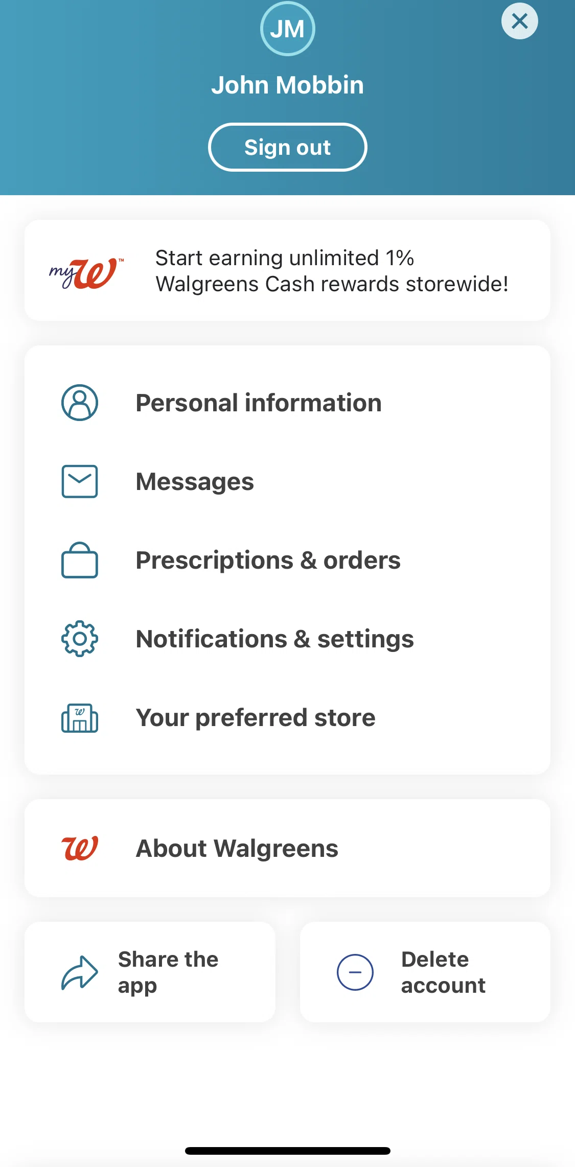 Walgreens Screen screen in the Deleting account flow