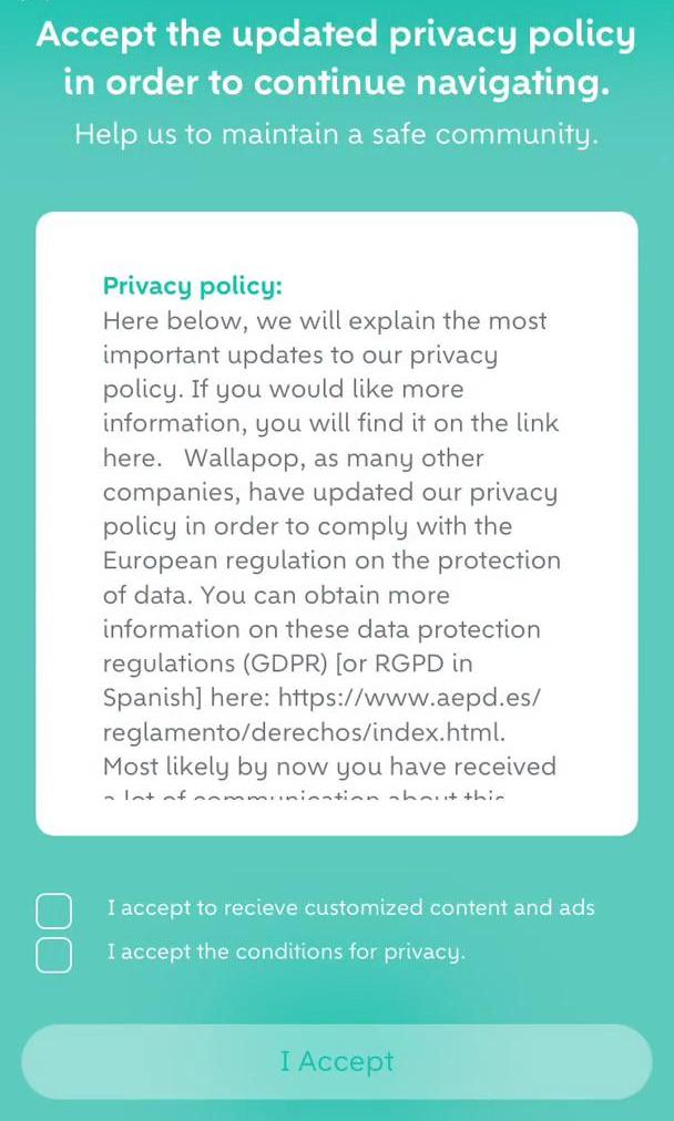 Wallapop Screen screen in the Privacy Terms Update flow