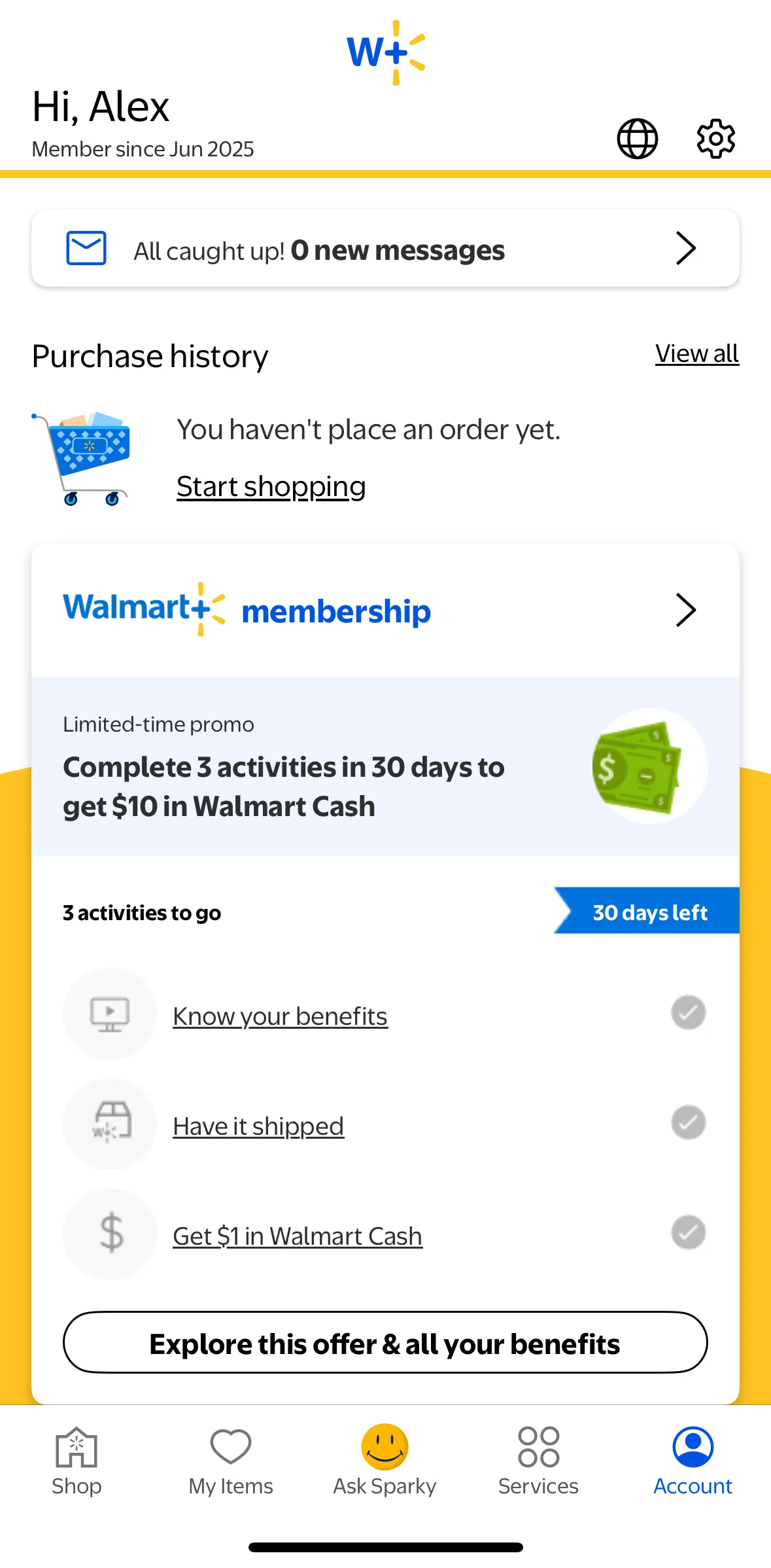 Walmart Screen screen in the Account settings flow