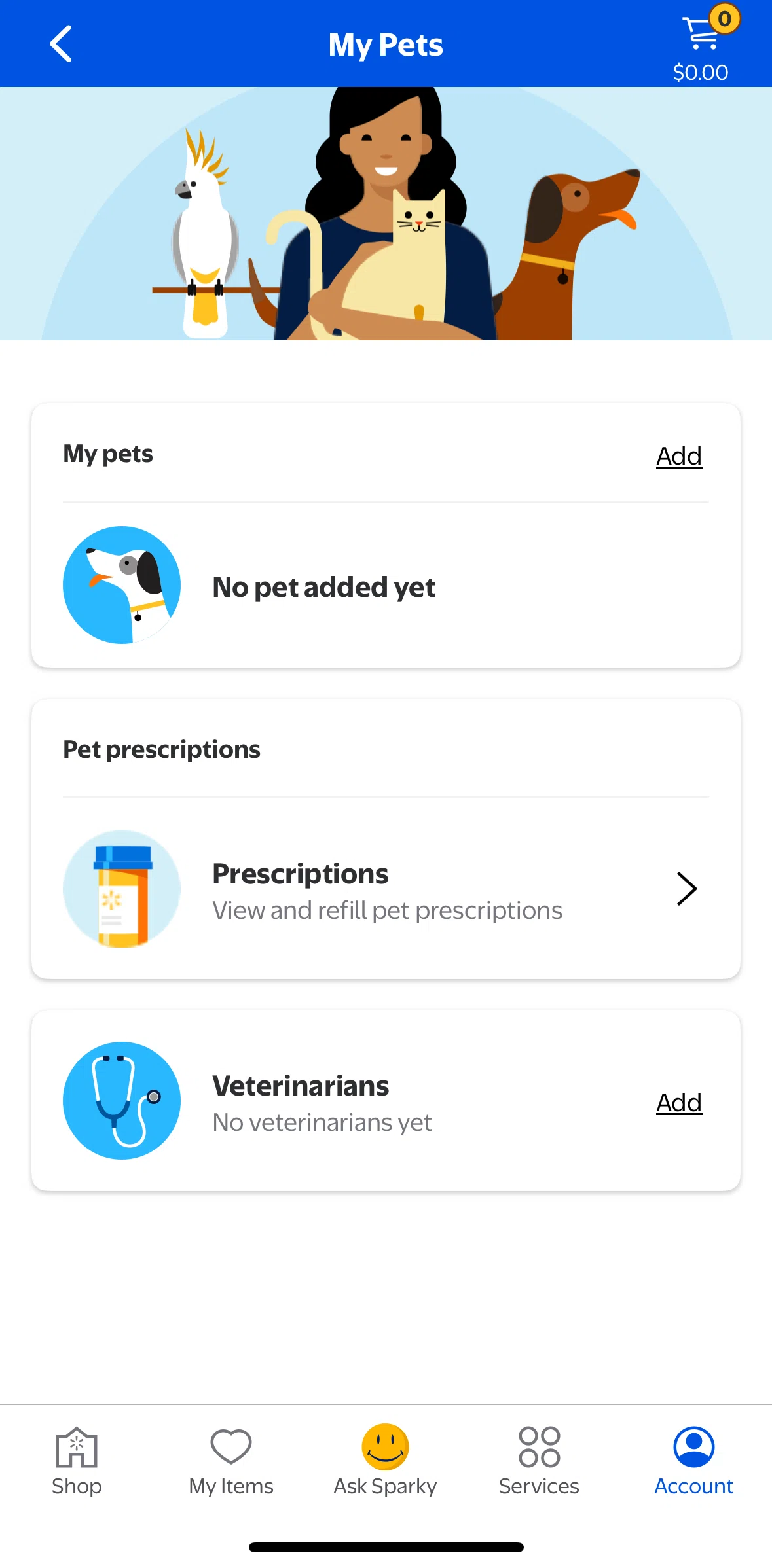 Walmart Screen screen in the Adding a pet info flow
