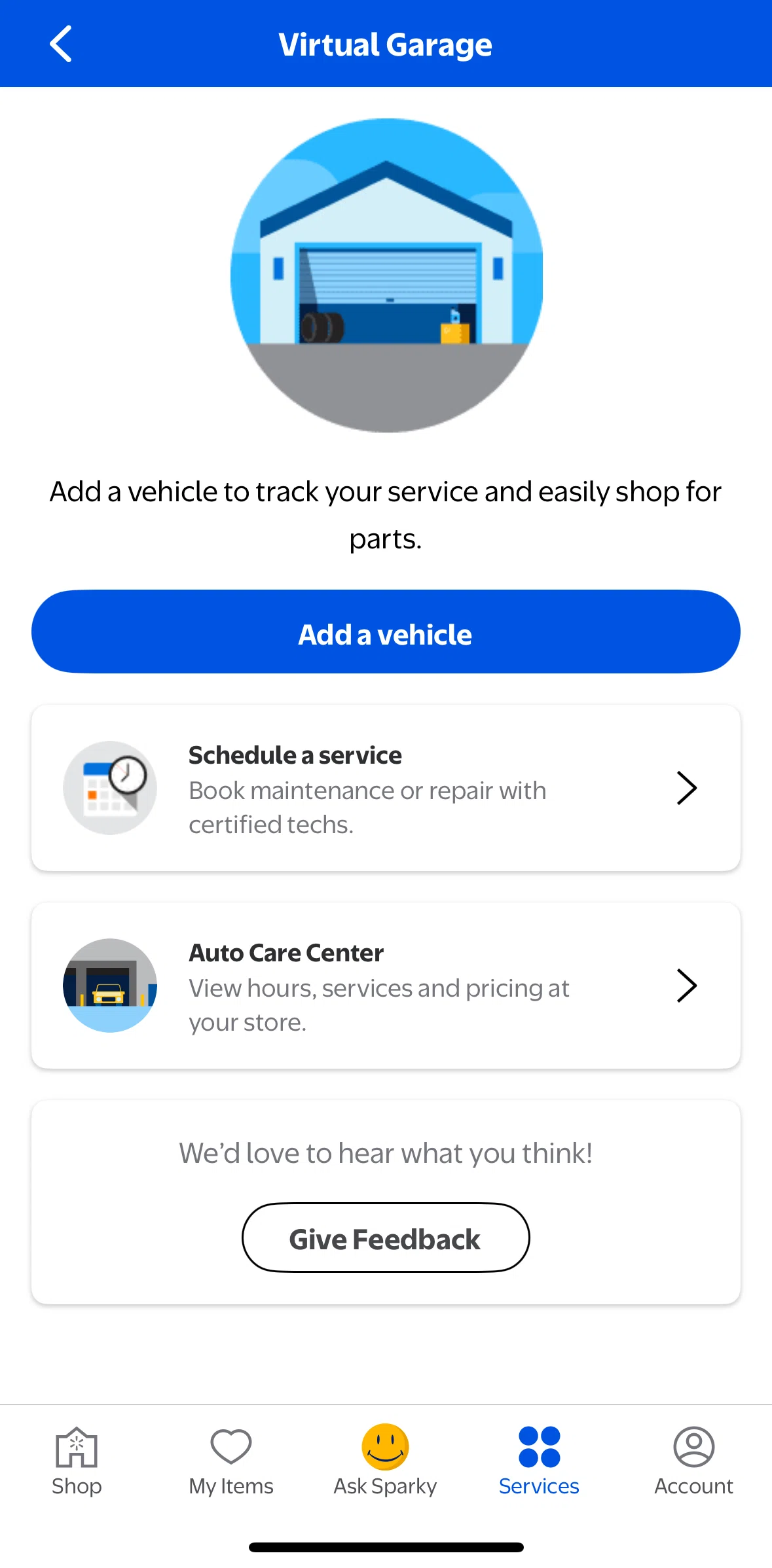 Walmart Screen screen in the Adding a vehicle flow