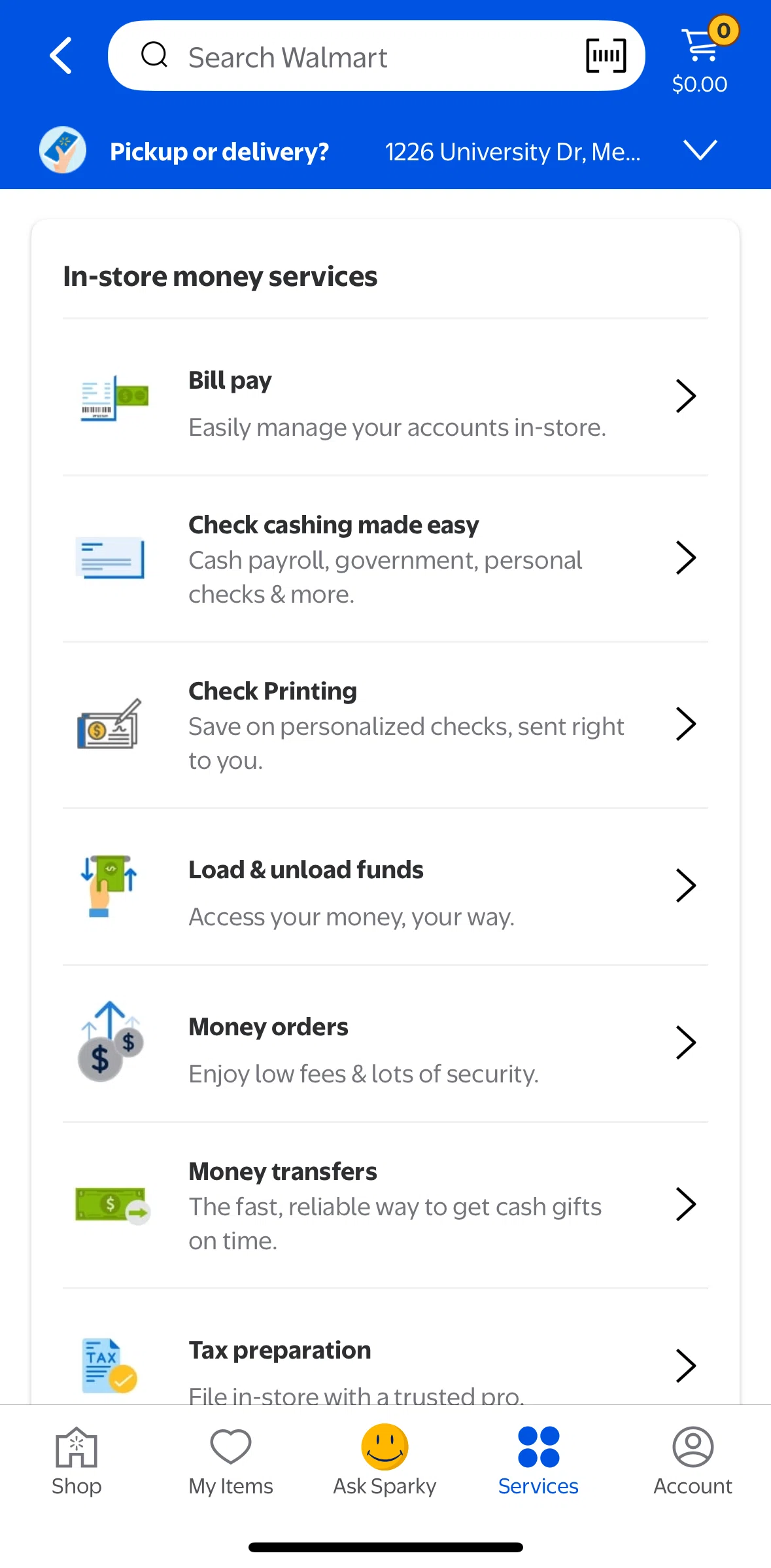 Walmart Screen screen in the Bill pay flow