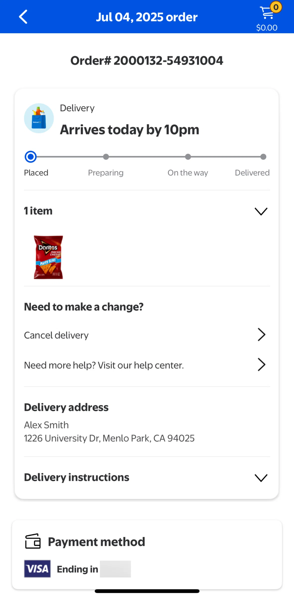 Walmart Screen screen in the Canceling an order flow