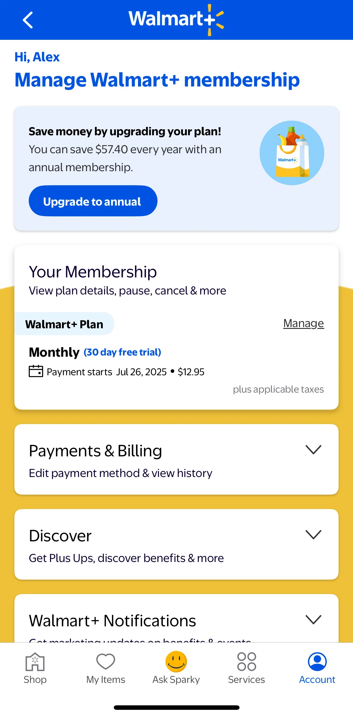 Walmart Screen screen in the Canceling membership flow
