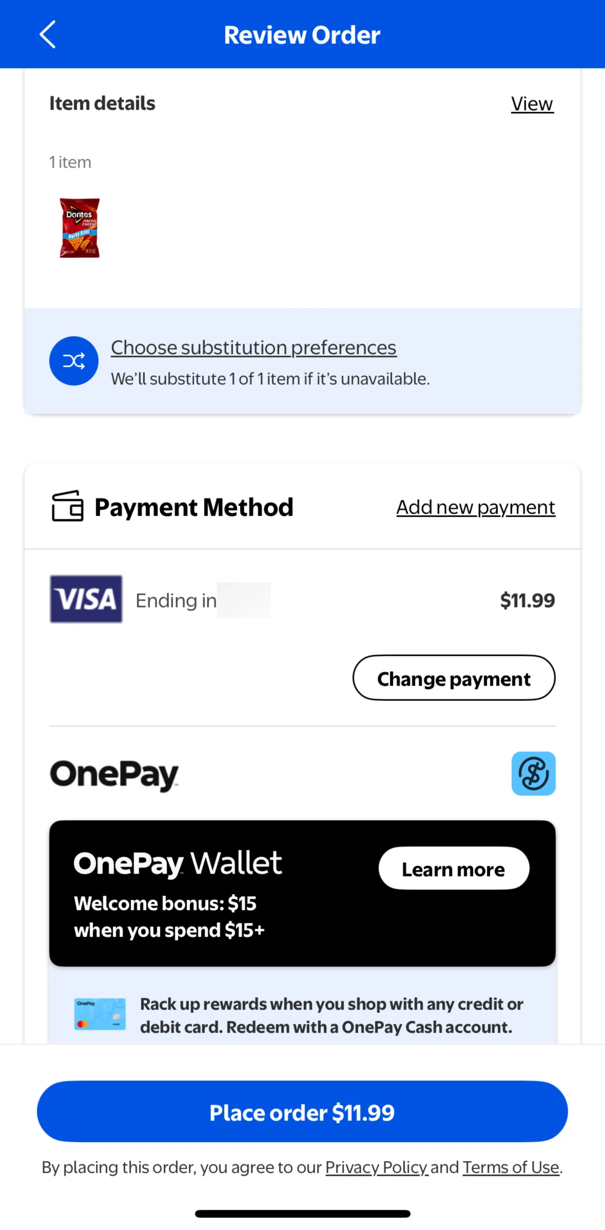 Walmart Screen screen in the Changing substitution preferences flow