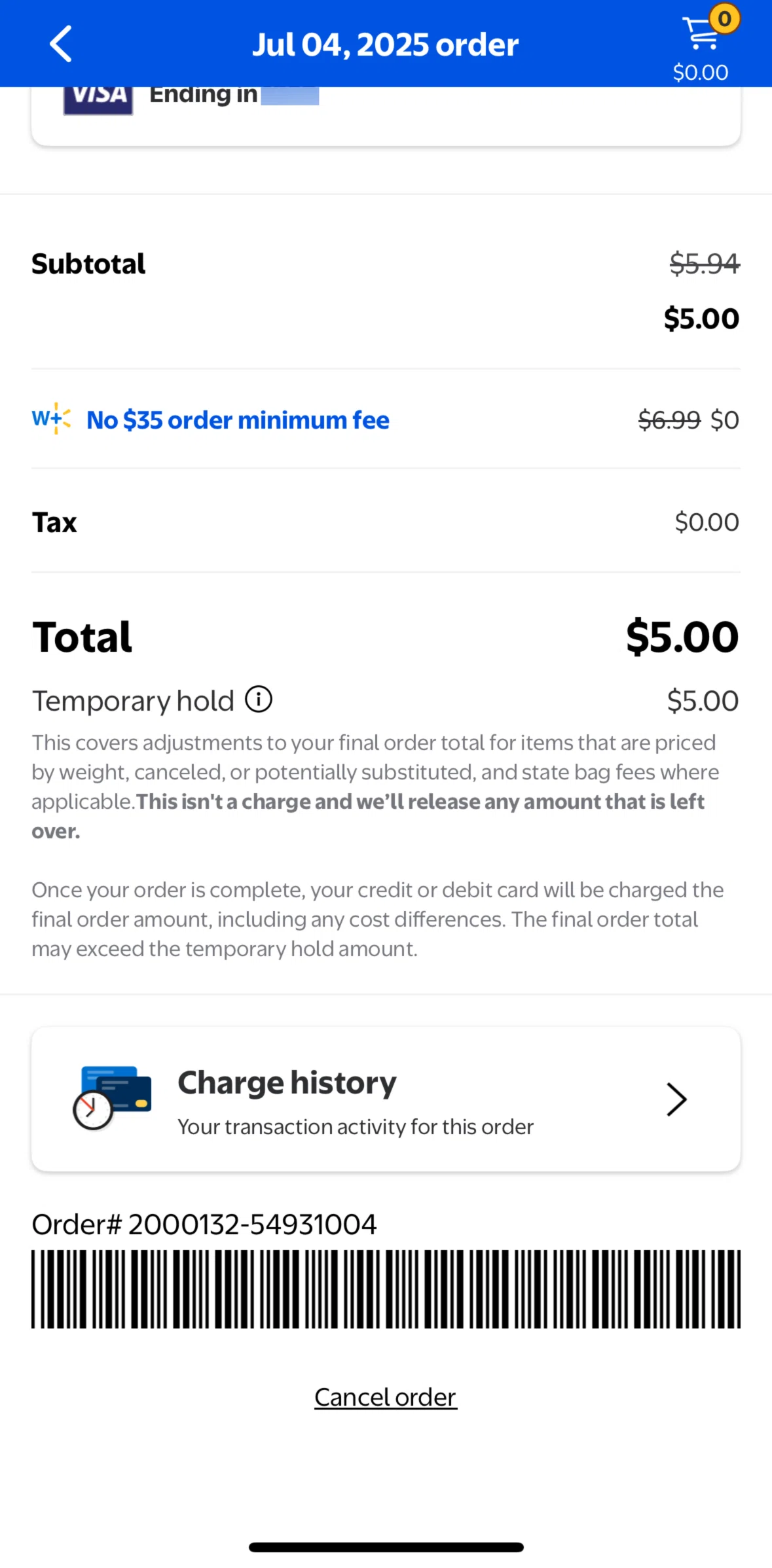 Walmart Screen screen in the Charge history flow