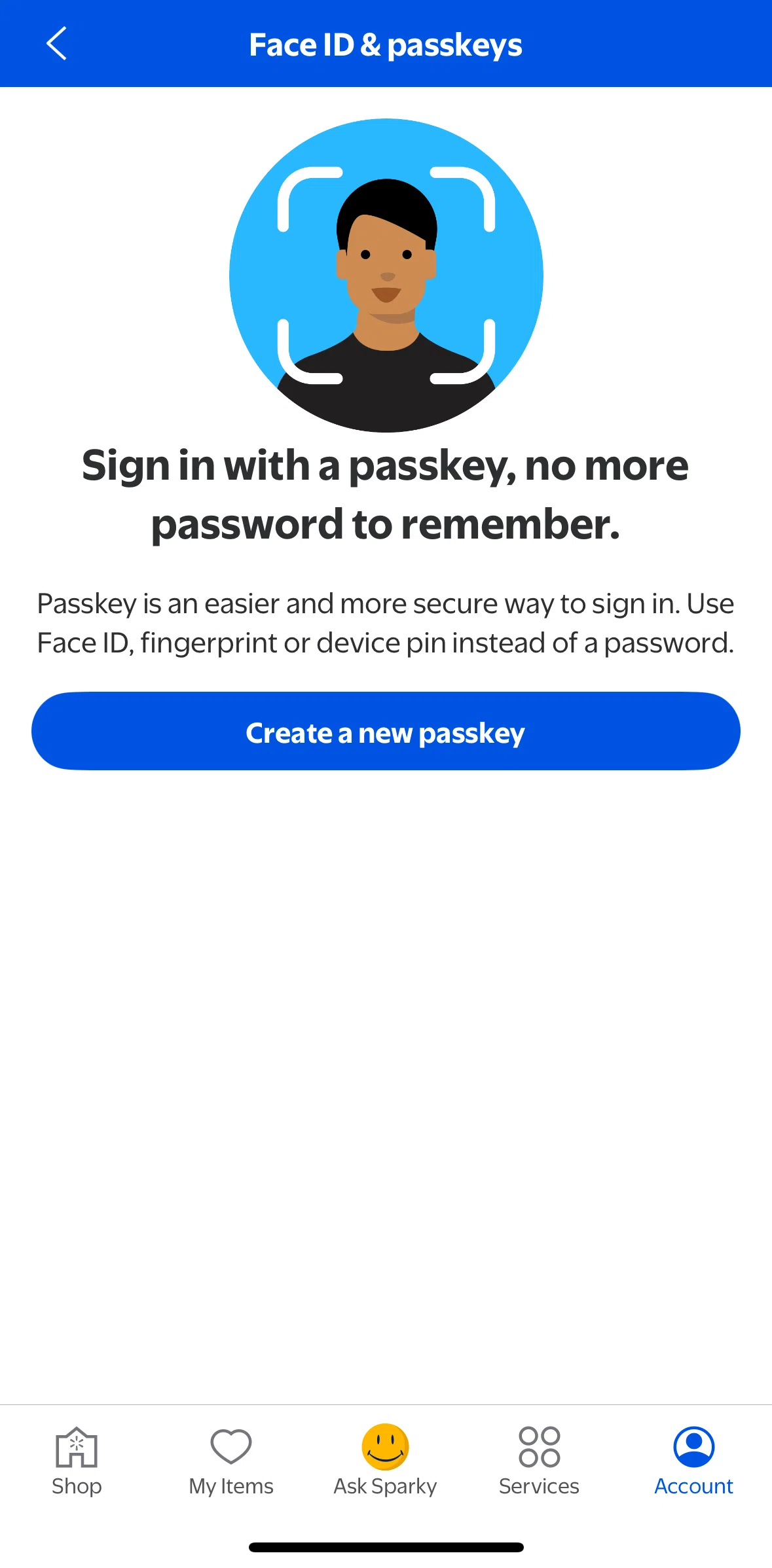 Walmart Screen screen in the Creating a passkey flow