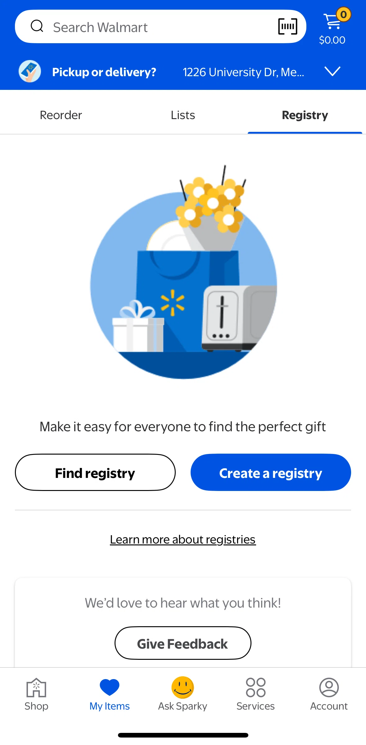 Walmart Screen screen in the Creating a registry flow