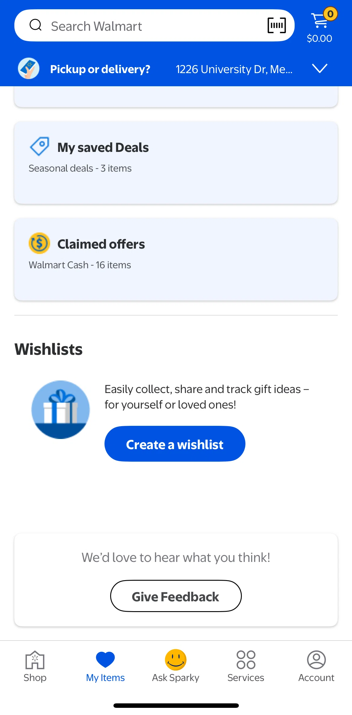 Walmart Screen screen in the Creating a wishlist flow