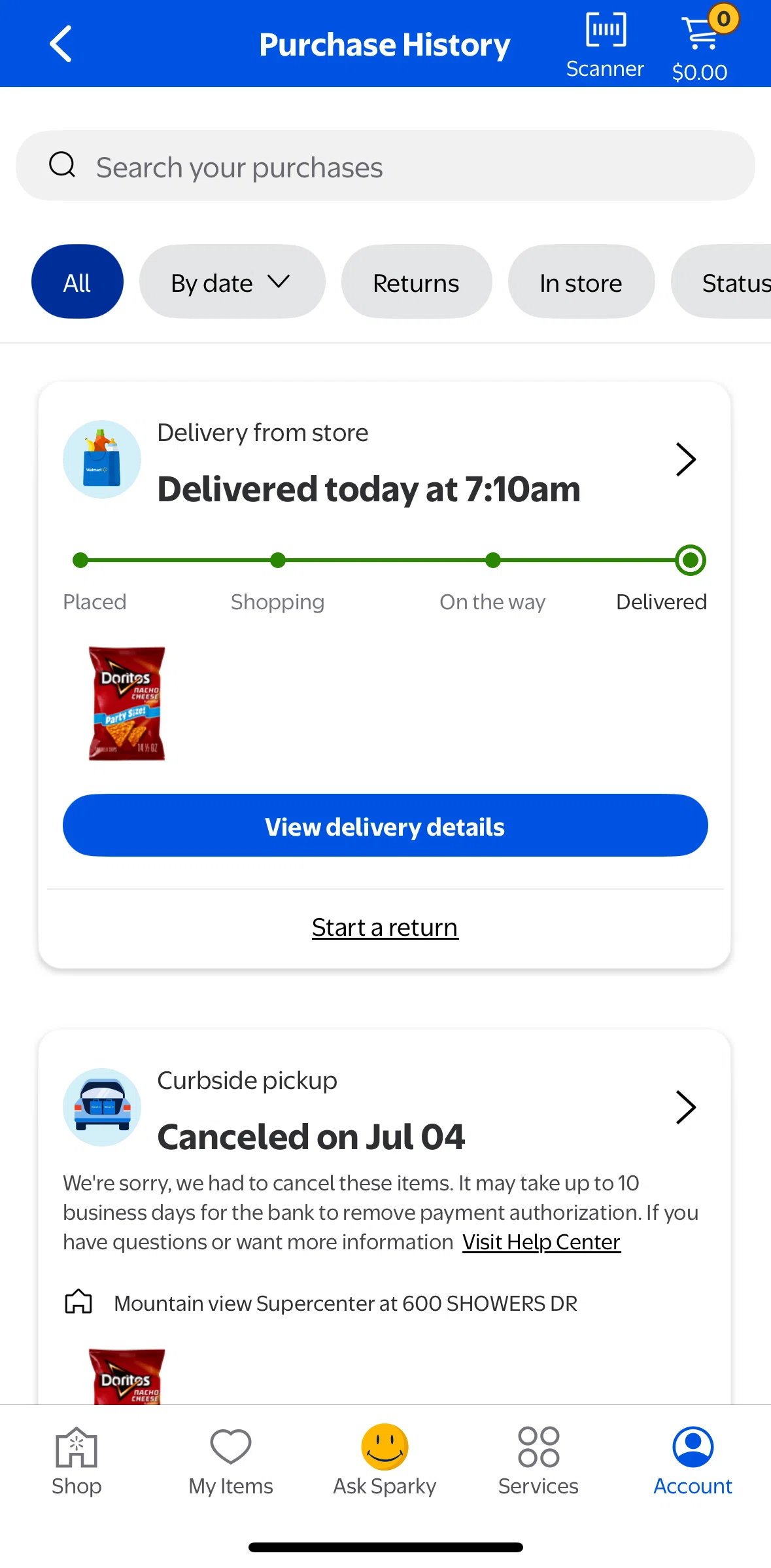 Walmart Screen screen in the Filtering orders flow