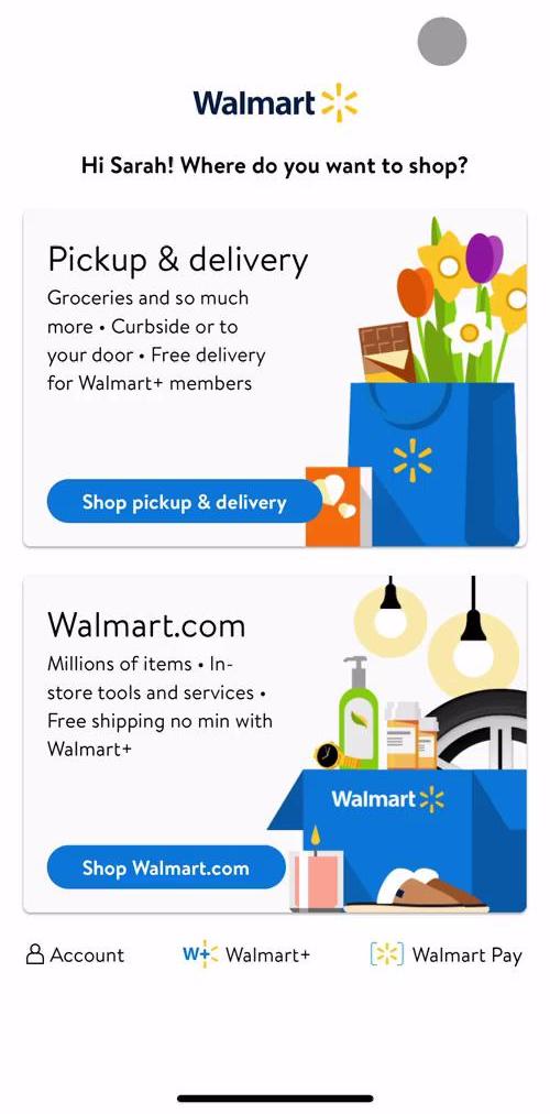 Walmart Select shop type screen in the General Browsing flow