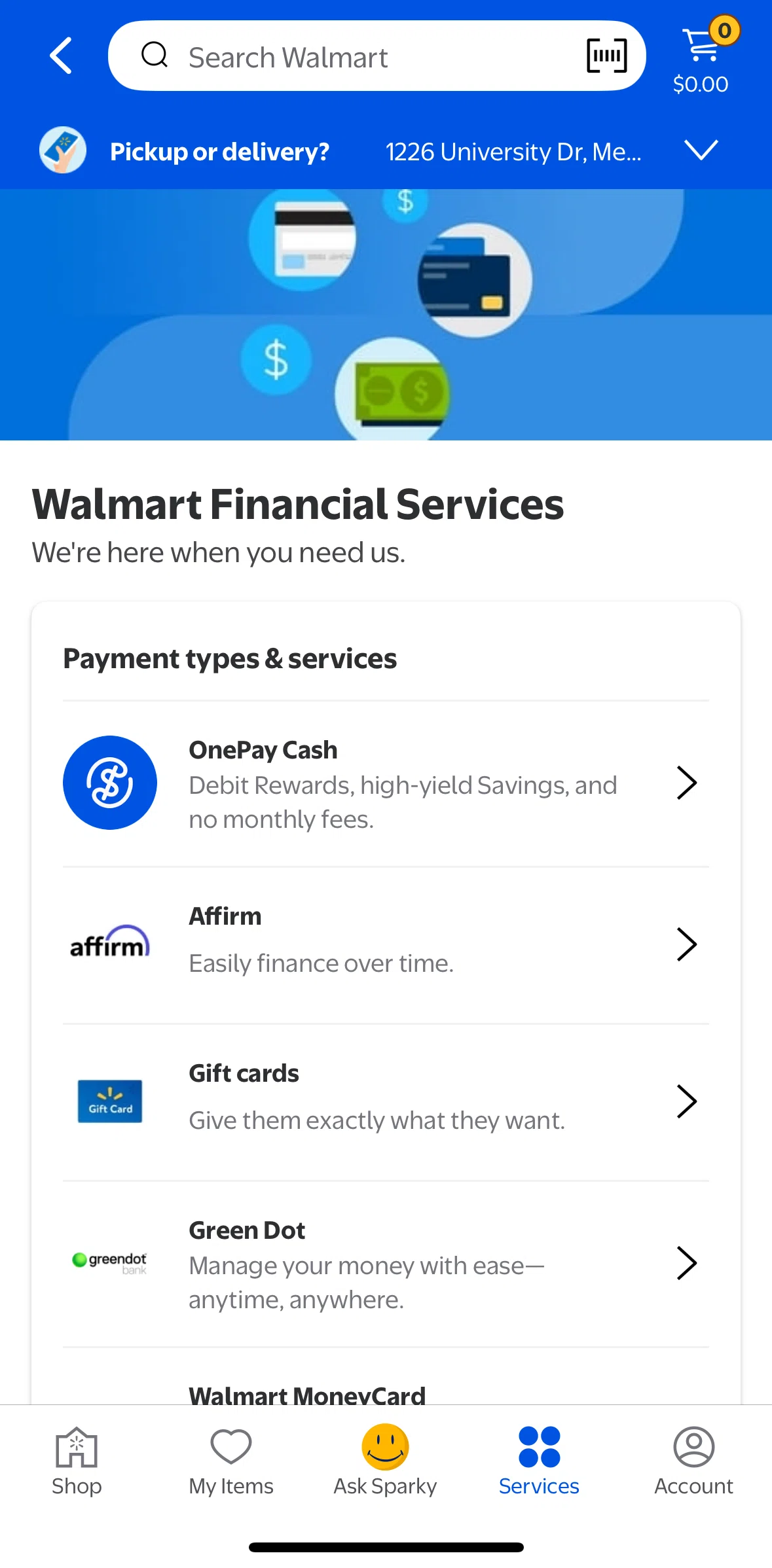 Walmart Screen screen in the Gift cards flow