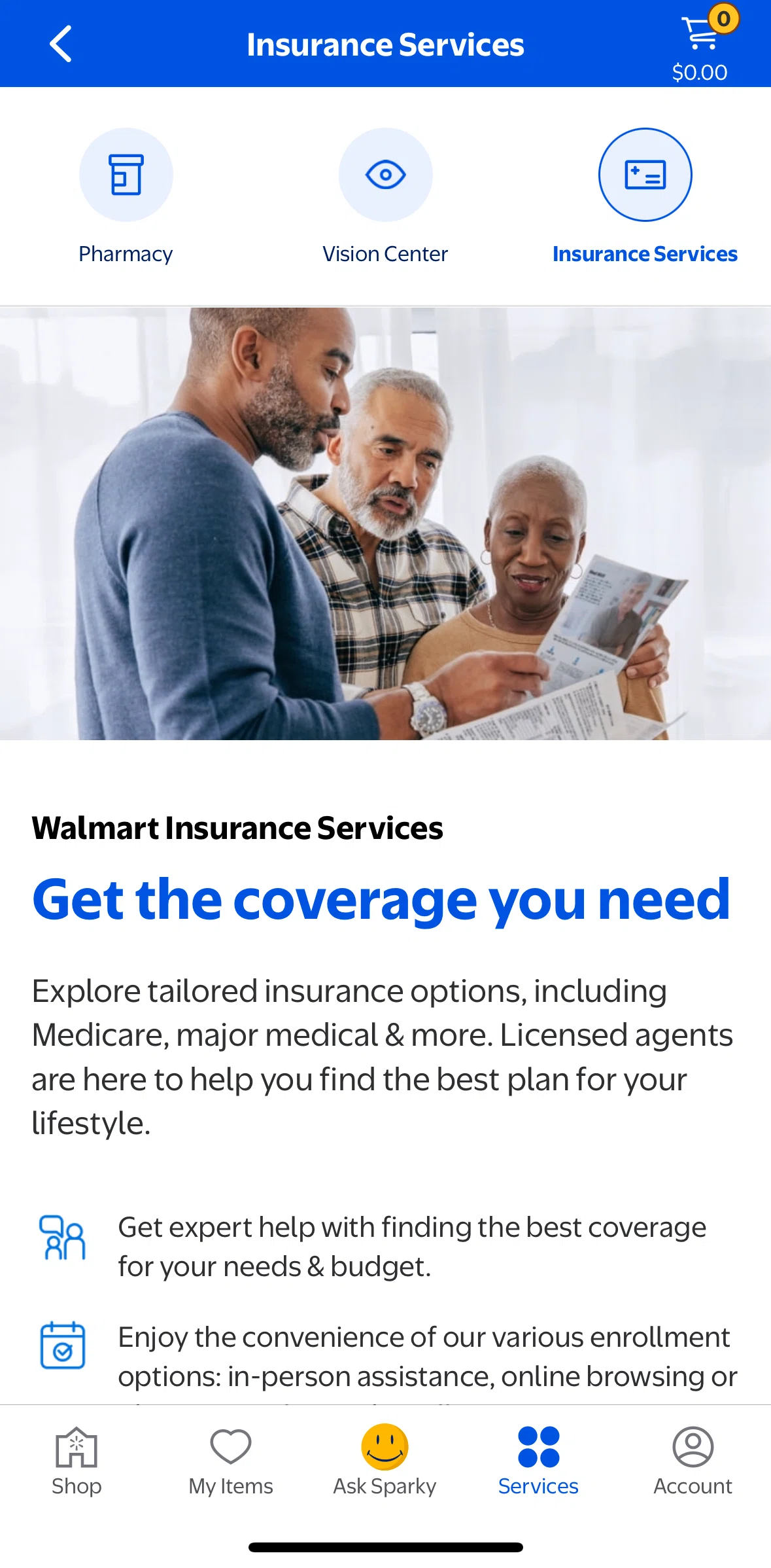 Walmart Screen screen in the Insurance services flow