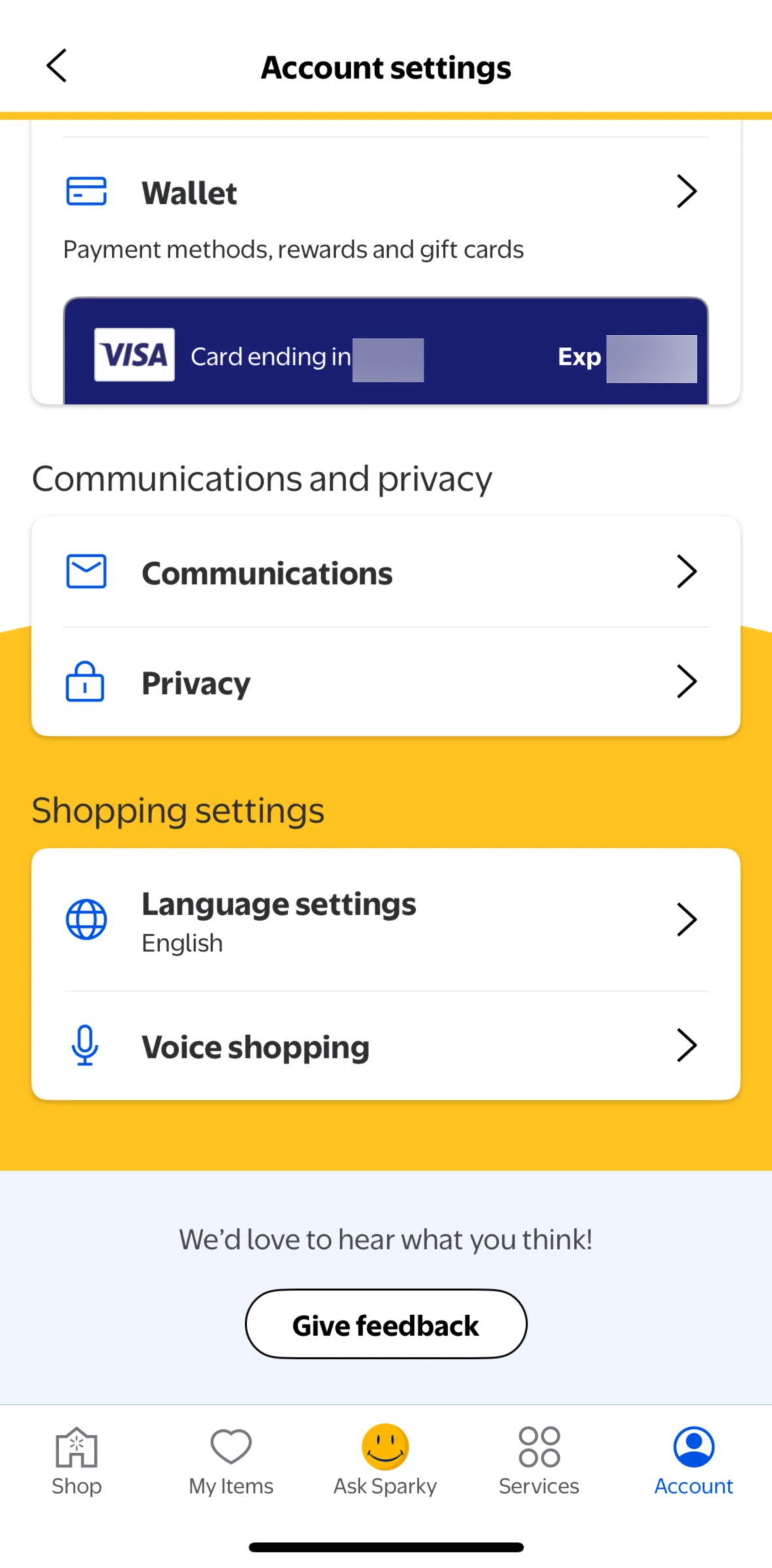 Walmart Screen screen in the Language settings flow