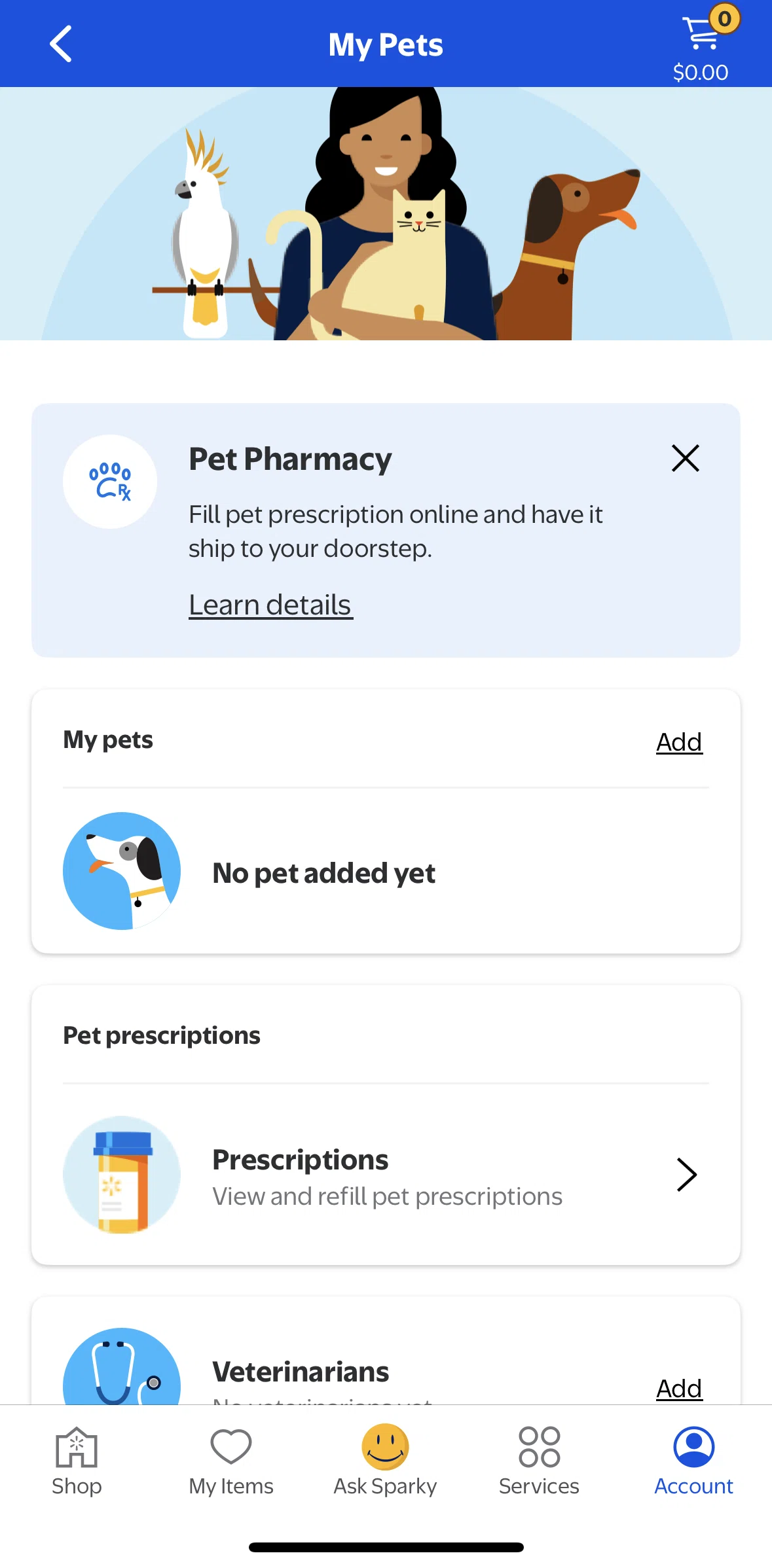 Walmart Screen screen in the Learn more about pet pharmacy flow