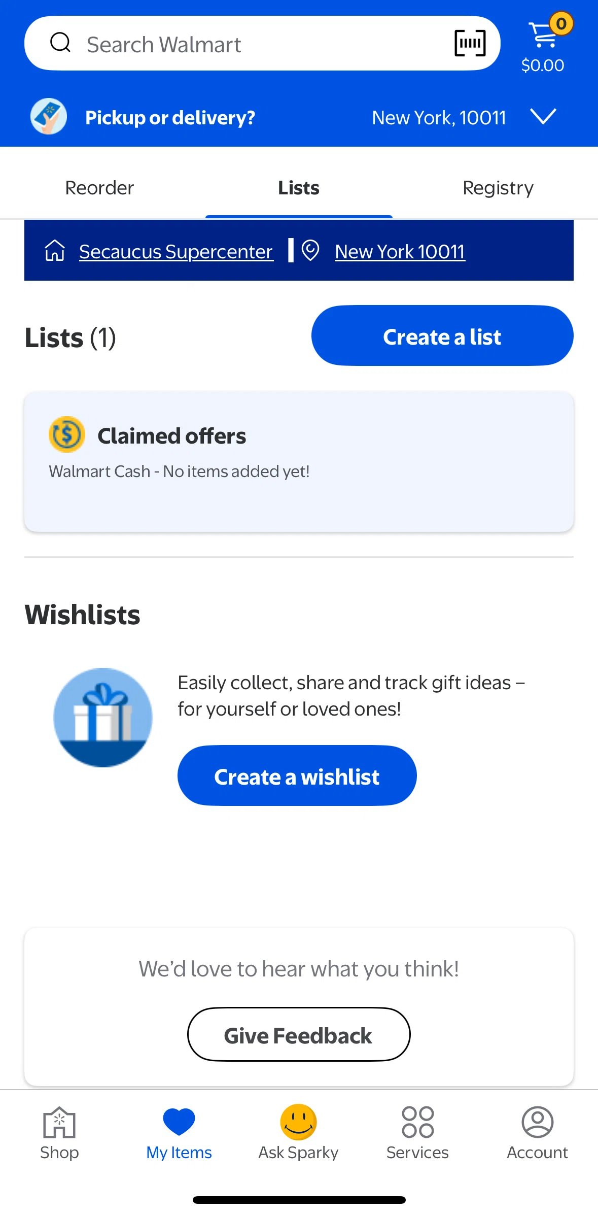 Walmart Screen screen in the List flow