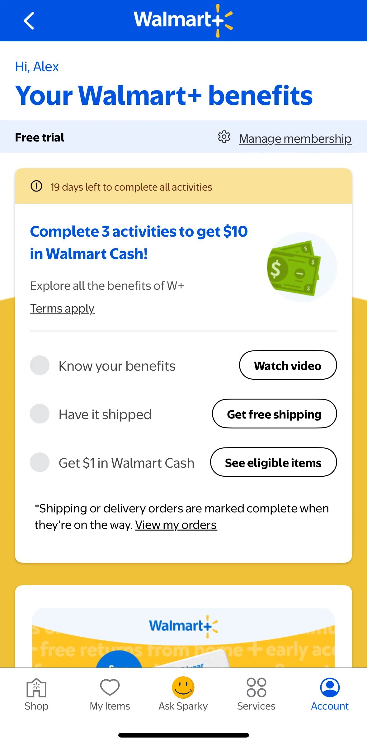 Walmart Screen screen in the Manage membership flow
