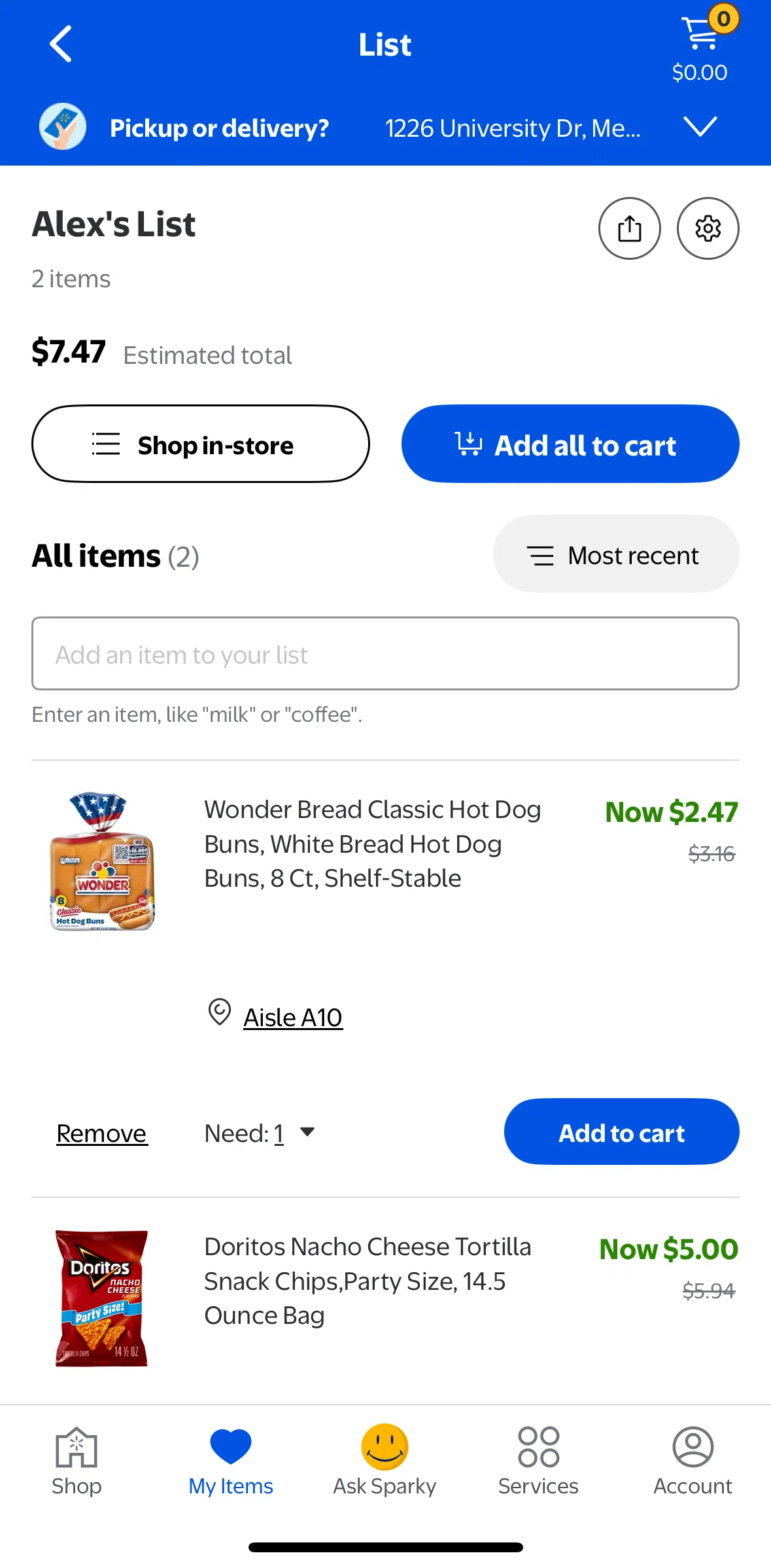 Walmart Screen screen in the Moving an item flow