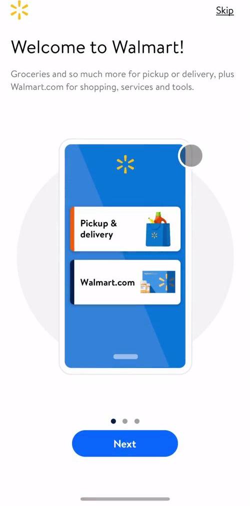Walmart Welcome slides screen in the Onboarding flow