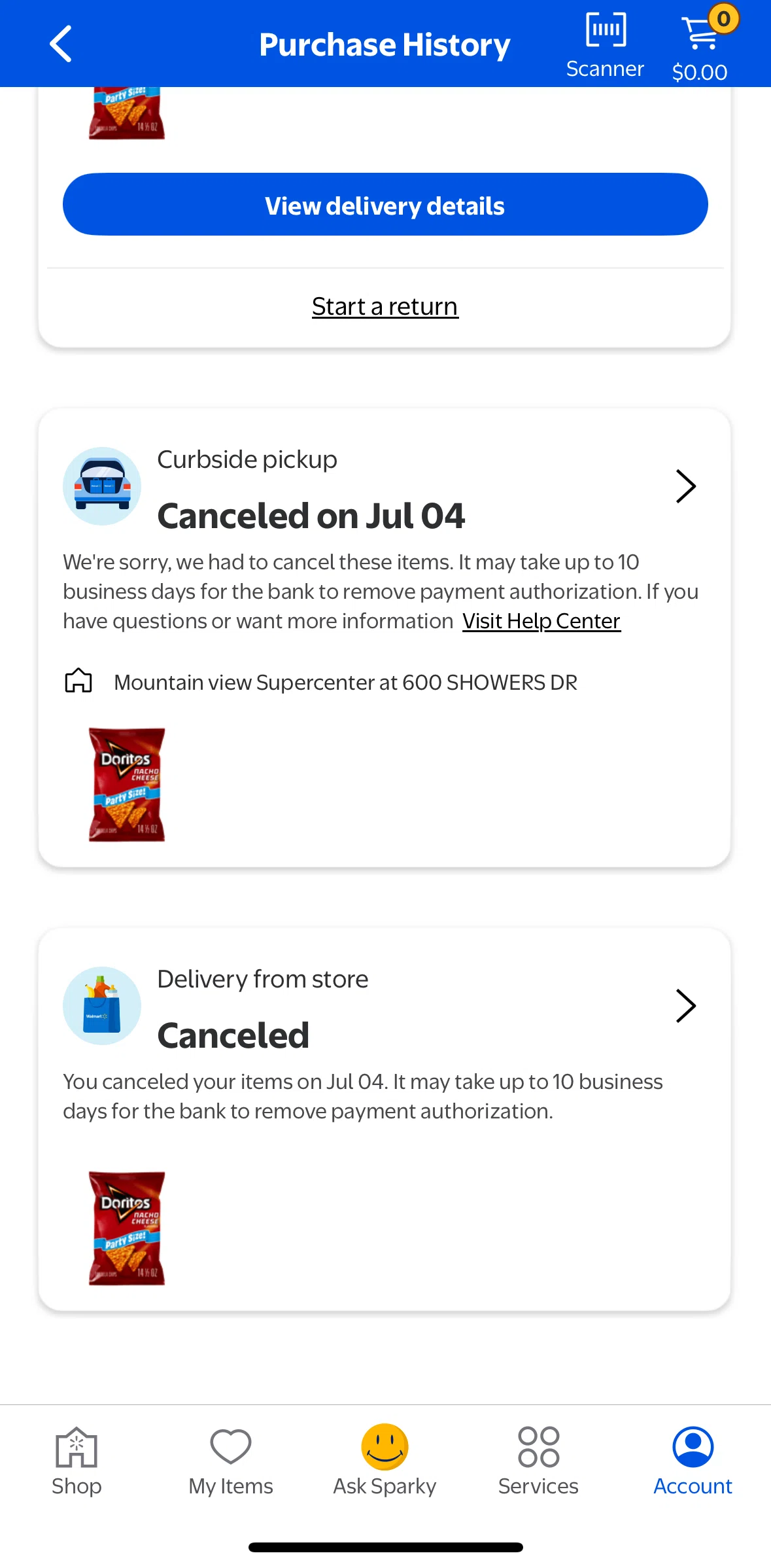 Walmart Screen screen in the Order detail (shipping method) flow