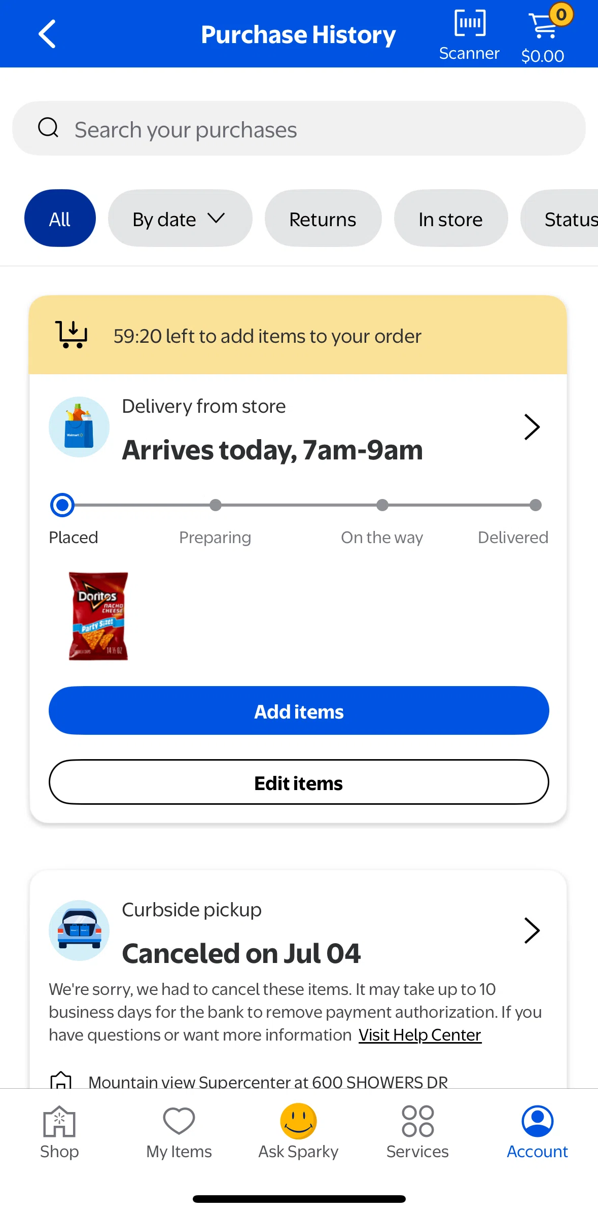 Walmart Screen screen in the Order detail flow