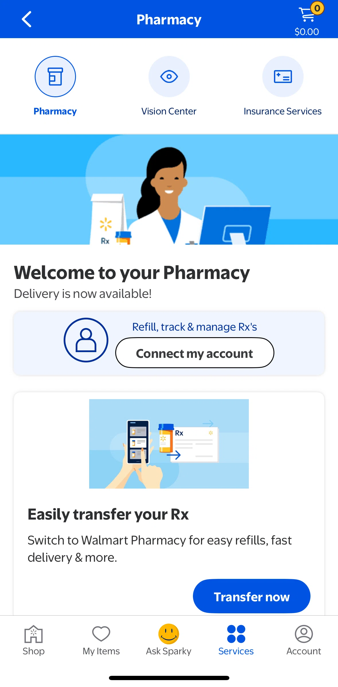 Walmart Screen screen in the Pharmacy flow