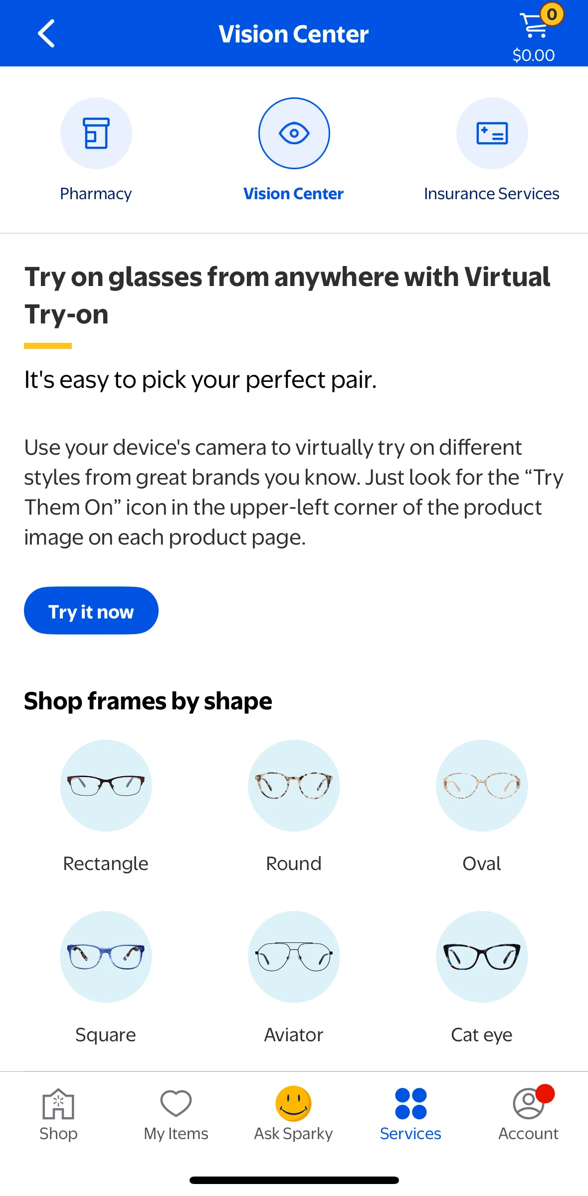 Walmart Screen screen in the Product detail (glasses) flow