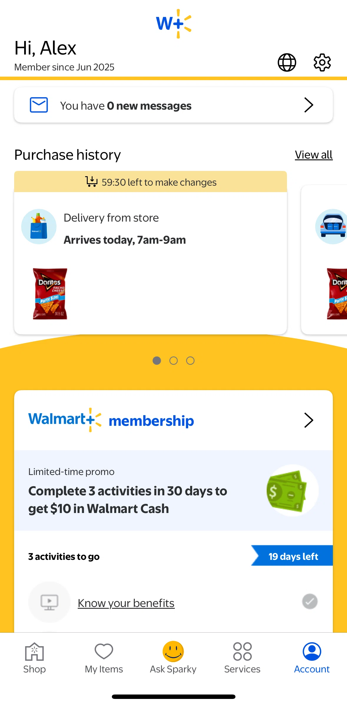 Walmart Screen screen in the Purchase history flow