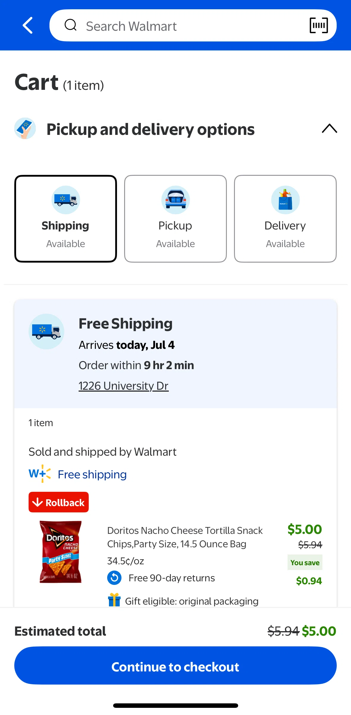 Walmart Screen screen in the Purchasing a product flow