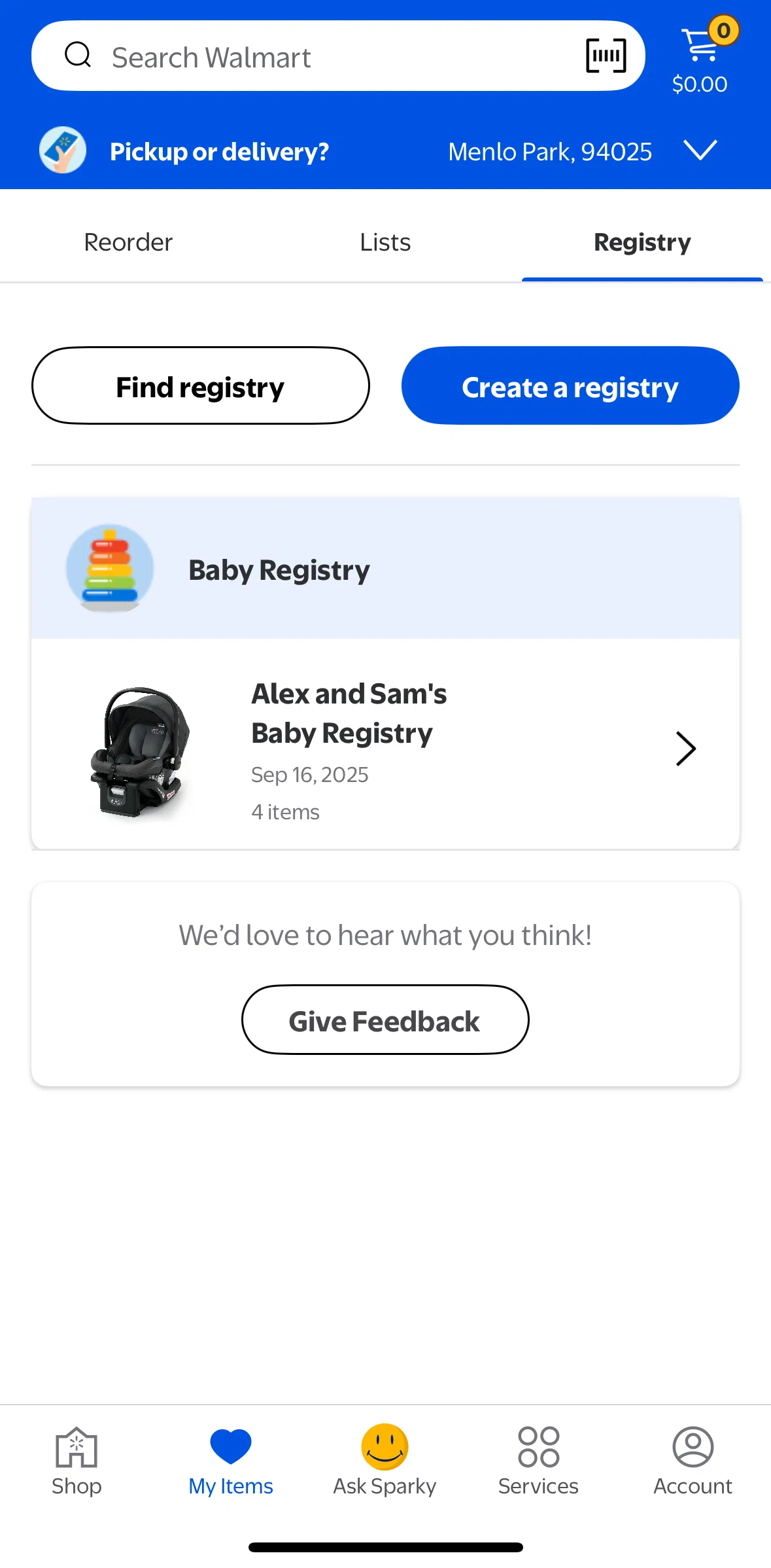 Walmart Screen screen in the Registry detail flow