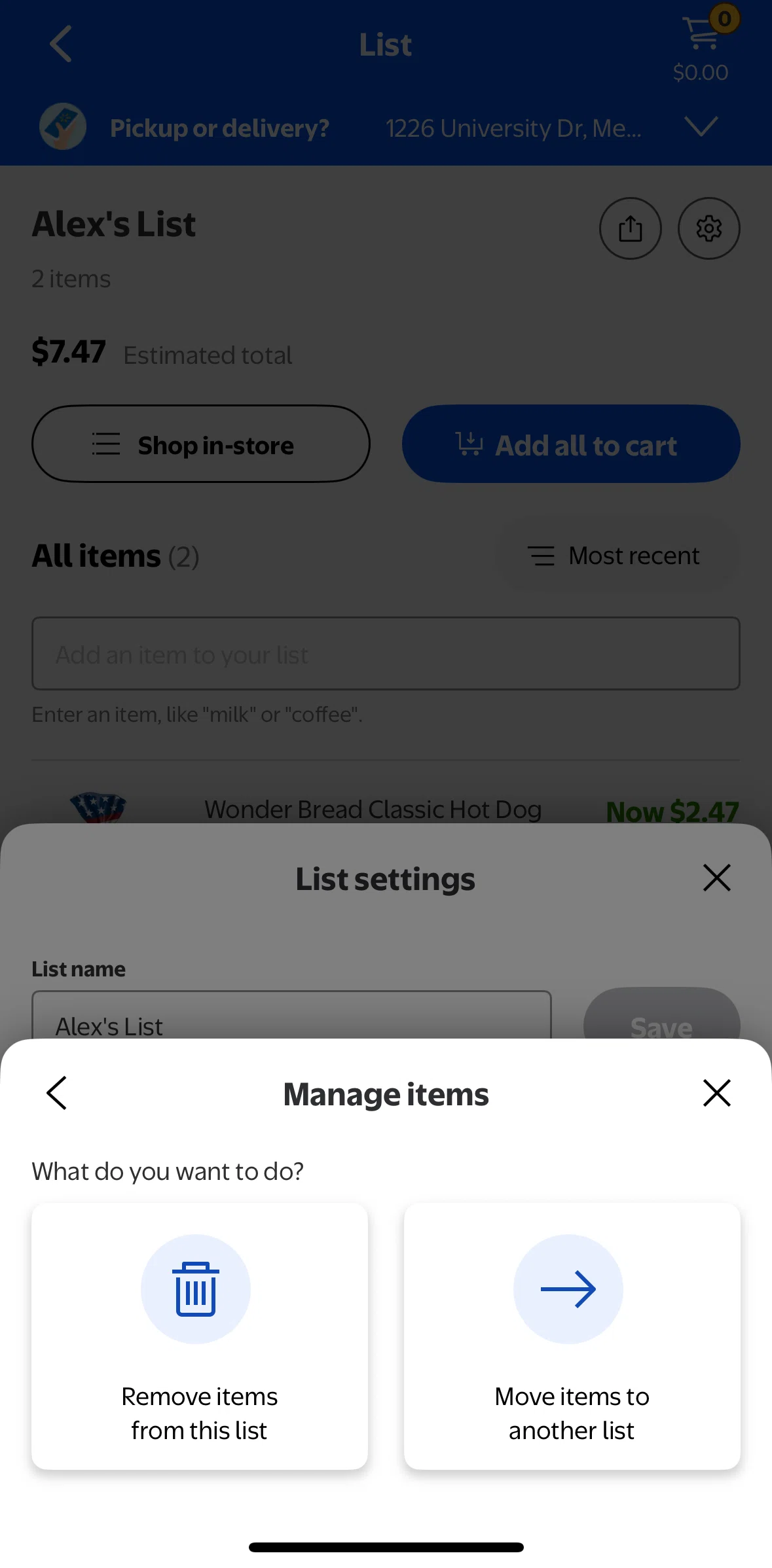 Walmart Screen screen in the Removing items flow