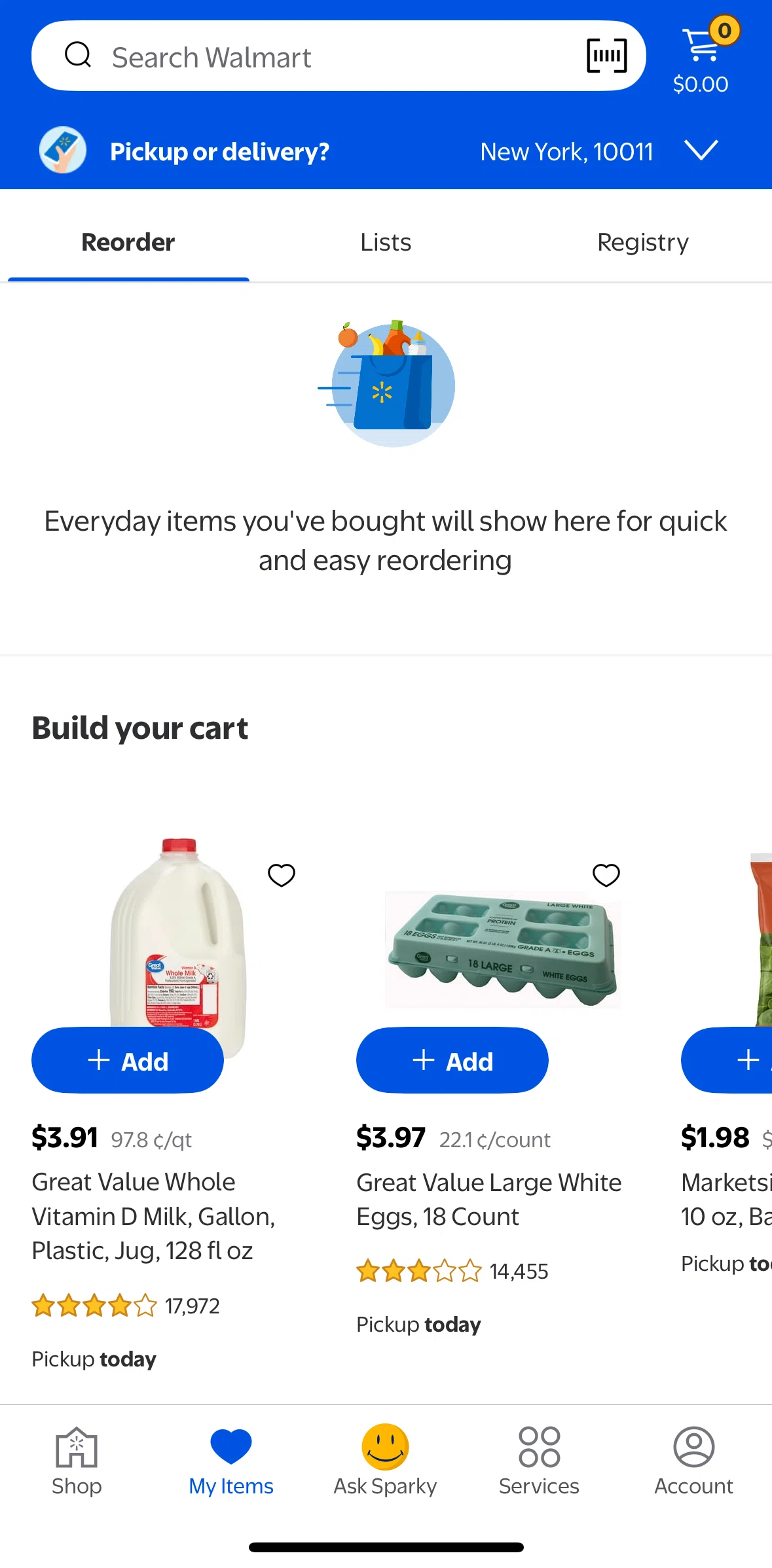 Walmart Screen screen in the Reorder flow