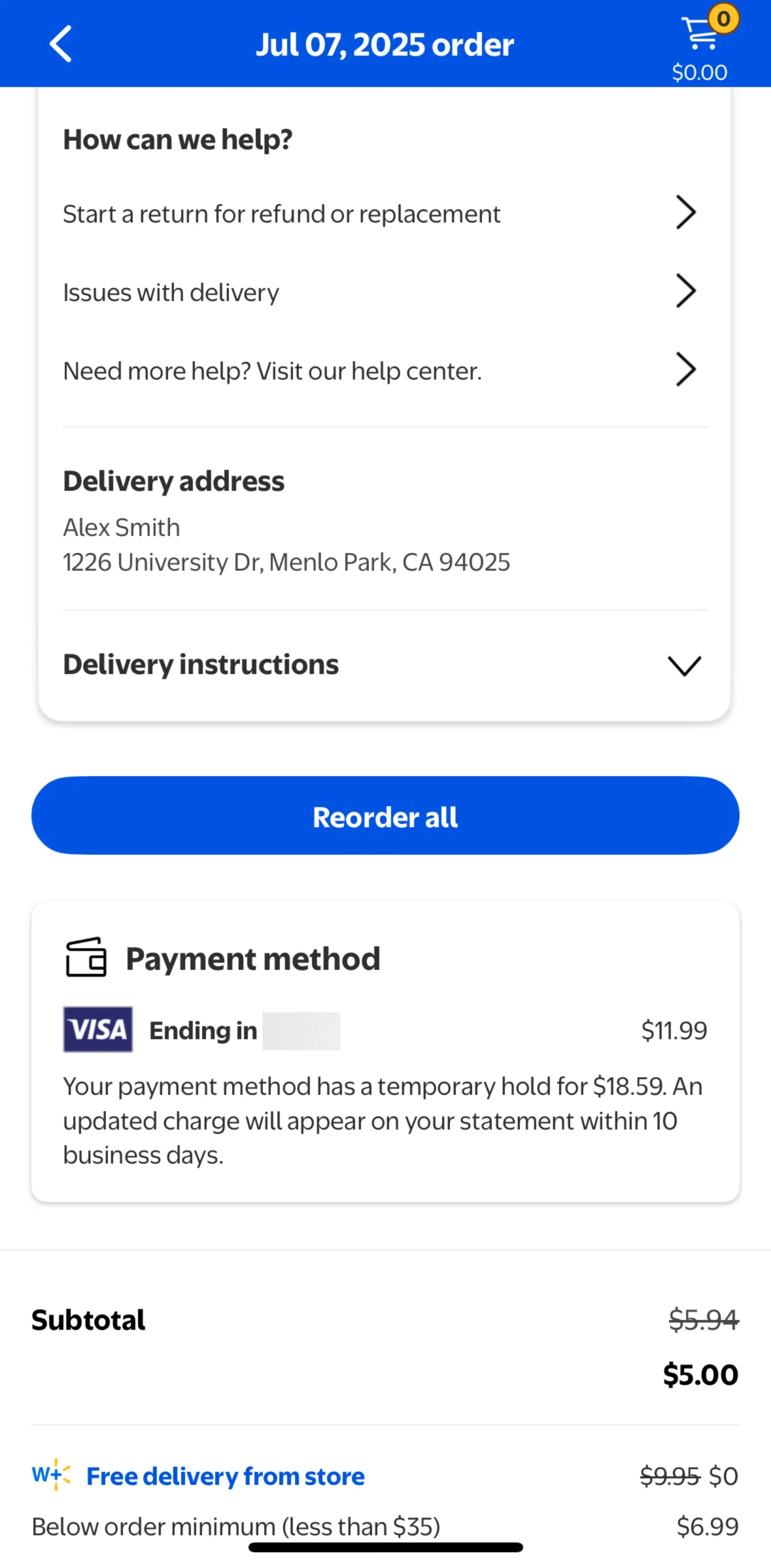 Walmart Screen screen in the Requesting a refund flow