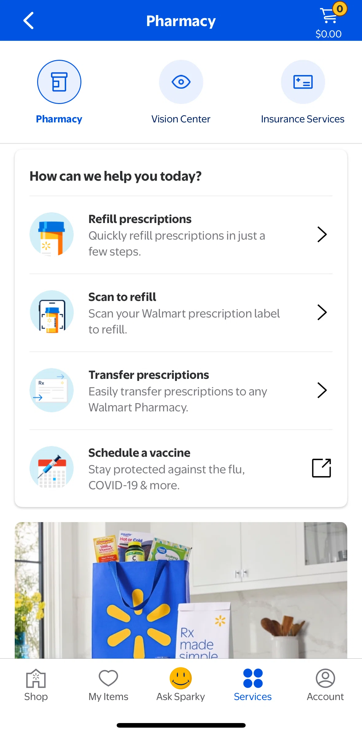 Walmart Screen screen in the Requesting prescription transfer flow