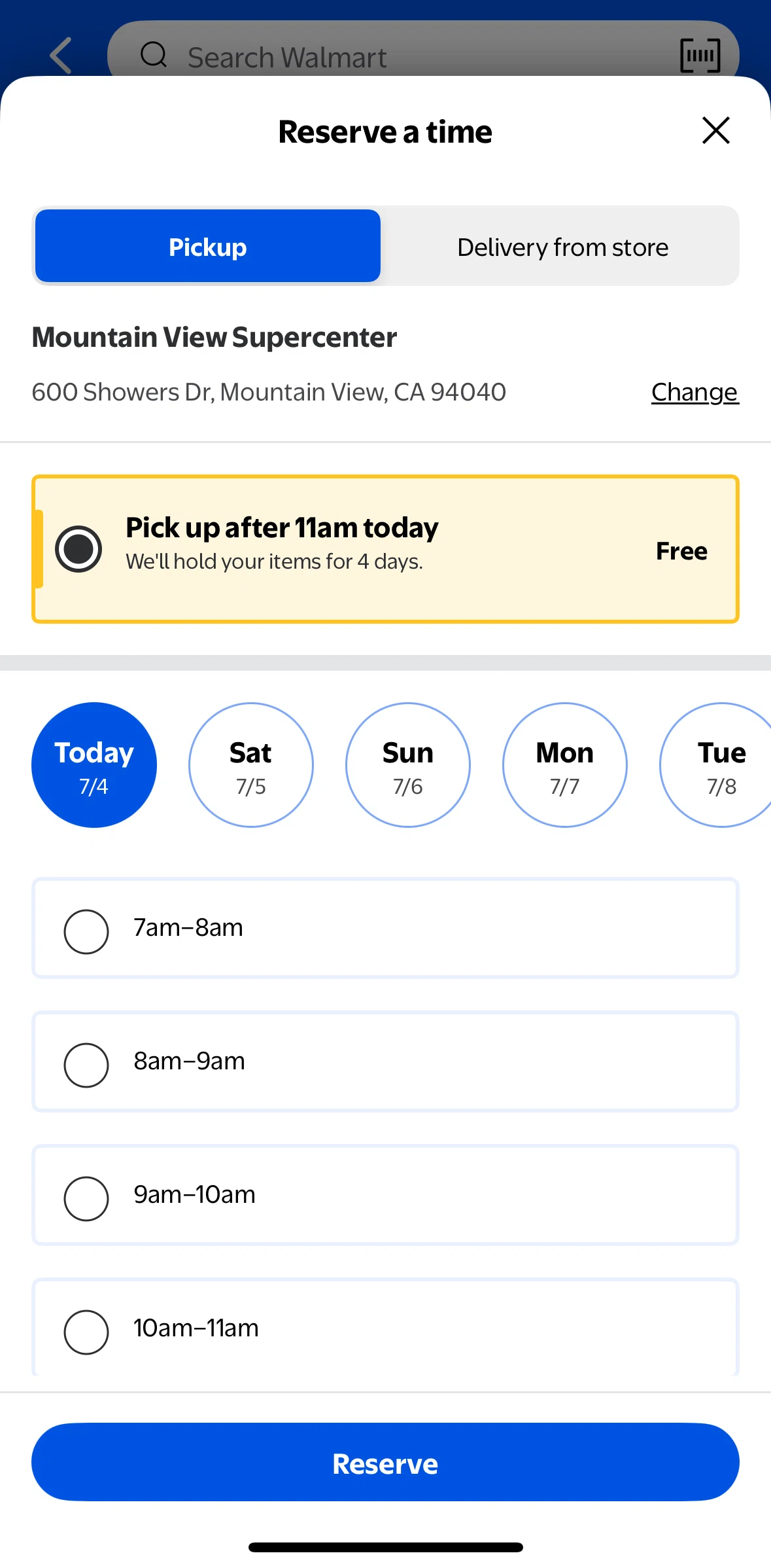 Walmart Screen screen in the Reserving a pickup time flow