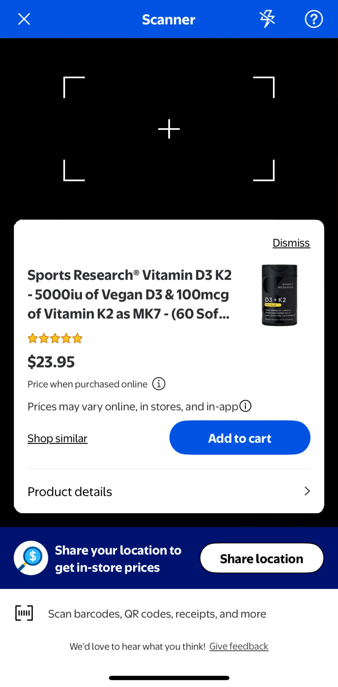 Walmart Screen screen in the Scanning tips flow