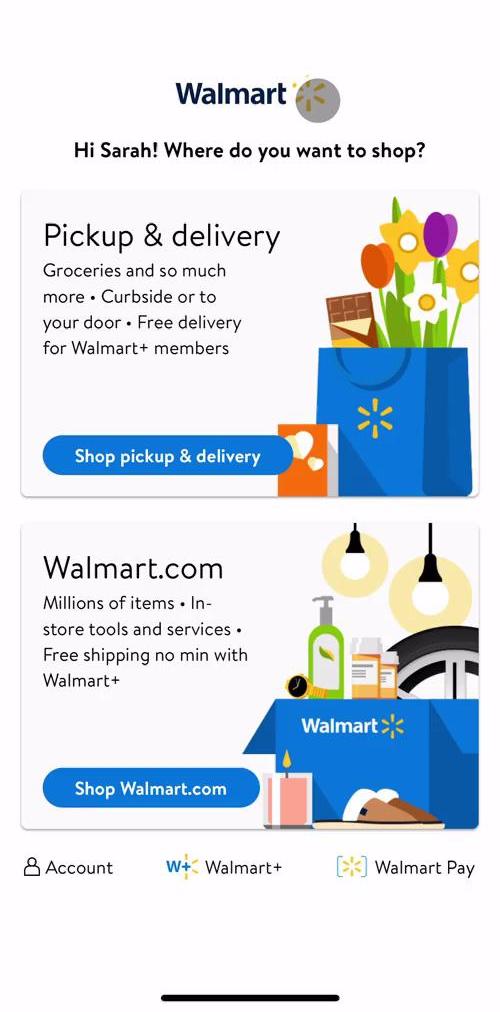 Walmart Select shop type screen in the Searching flow