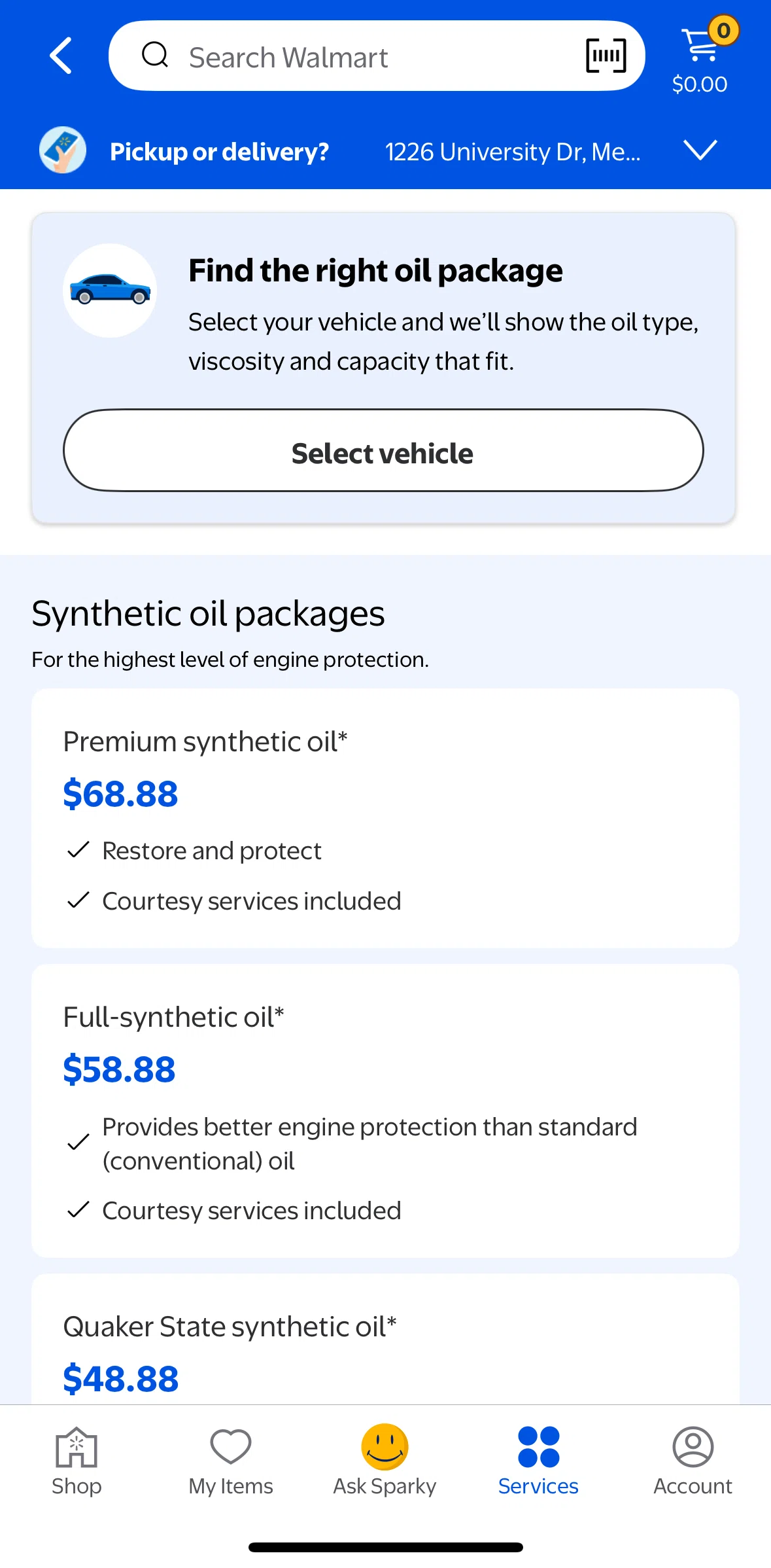 Walmart Screen screen in the Selecting a vehicle flow