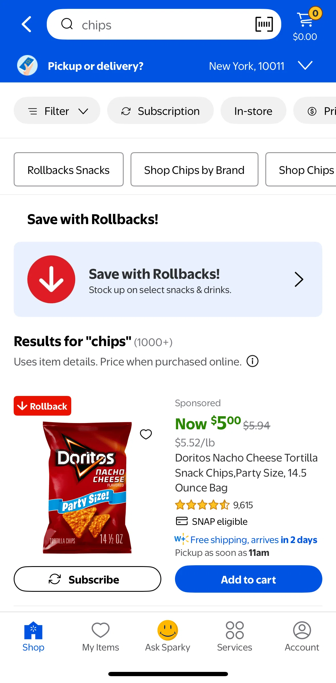 Walmart Screen screen in the Setting up a subscription flow