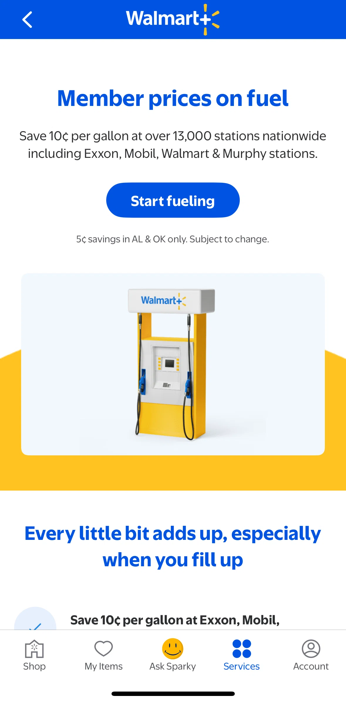 Walmart Screen screen in the Start fueling flow