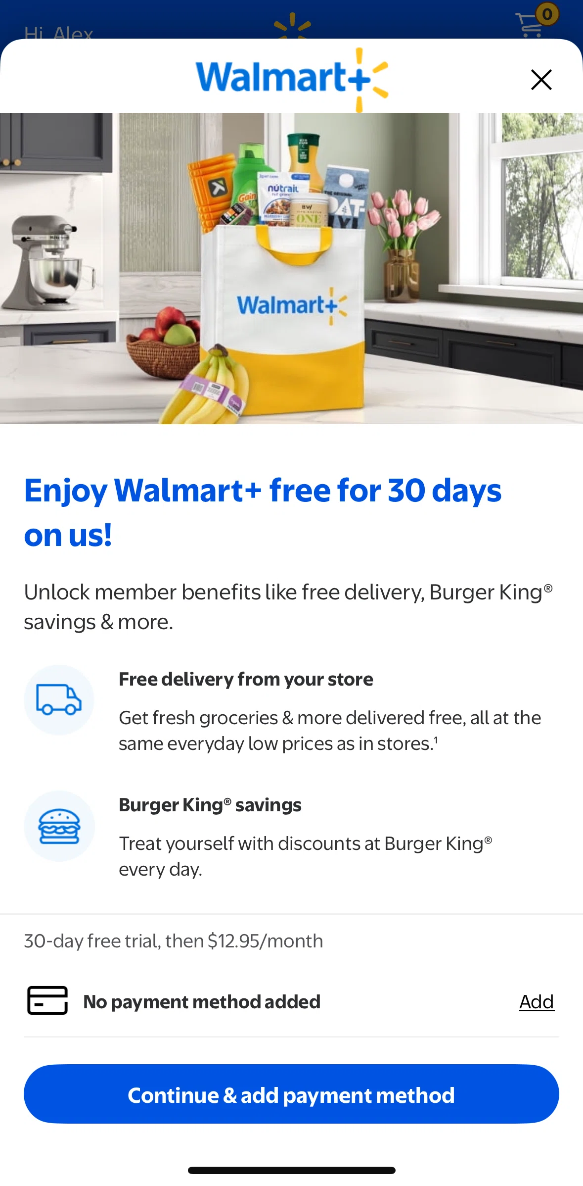 Walmart Screen screen in the Subscribing to Walmart flow